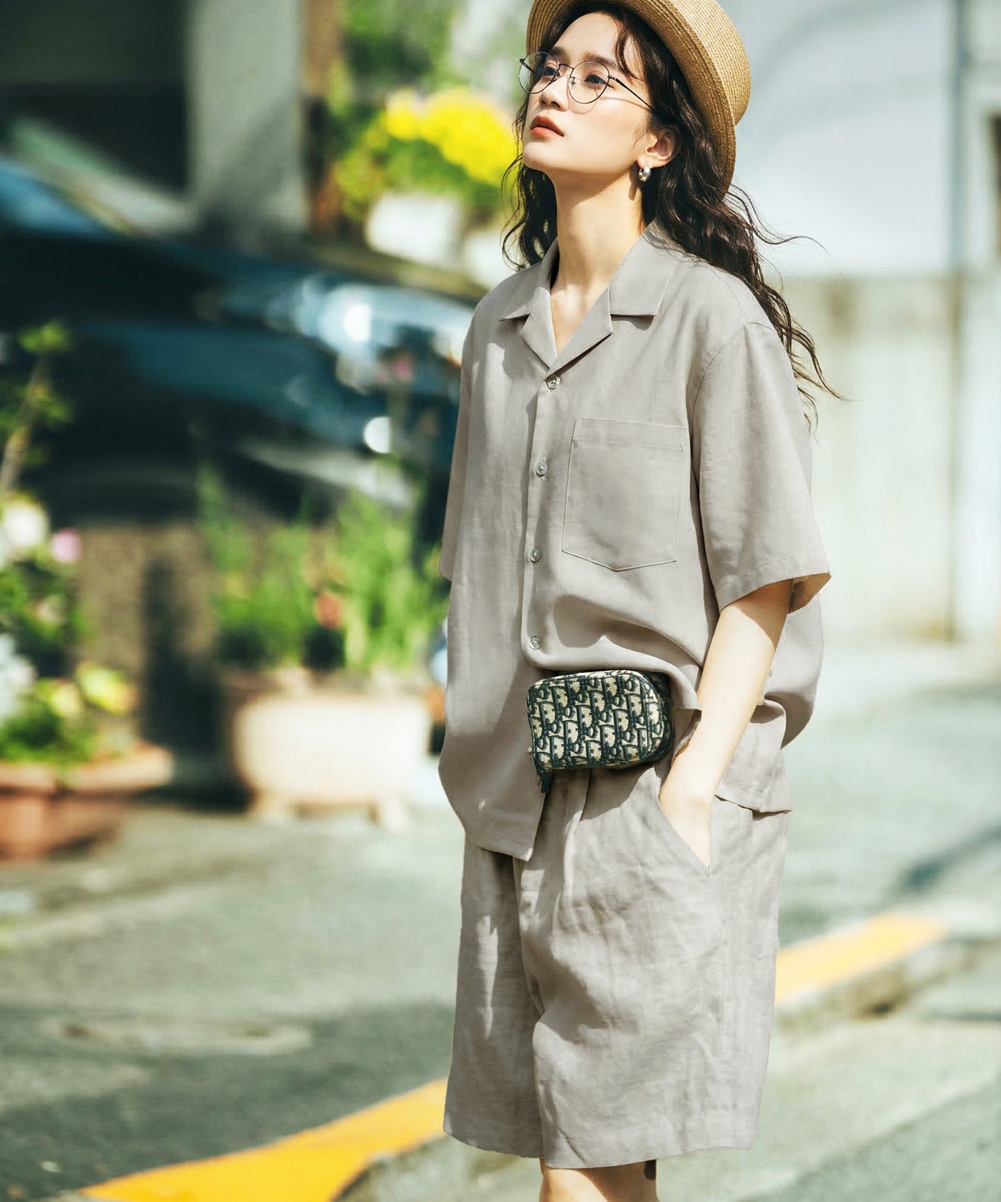 Open-Collar Linen Blend Shirt Ladies