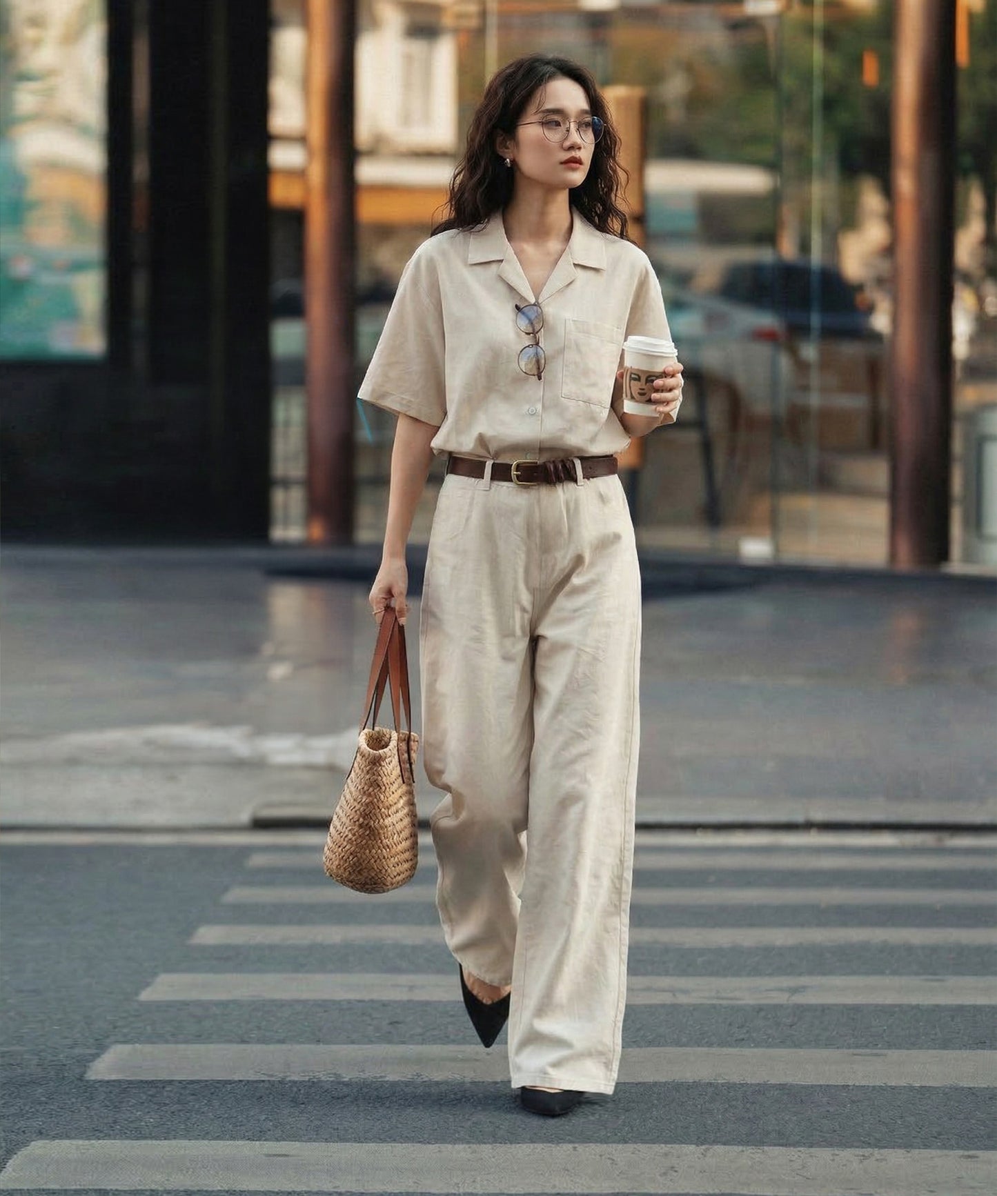 Open-Collar Linen Blend Shirt Ladies
