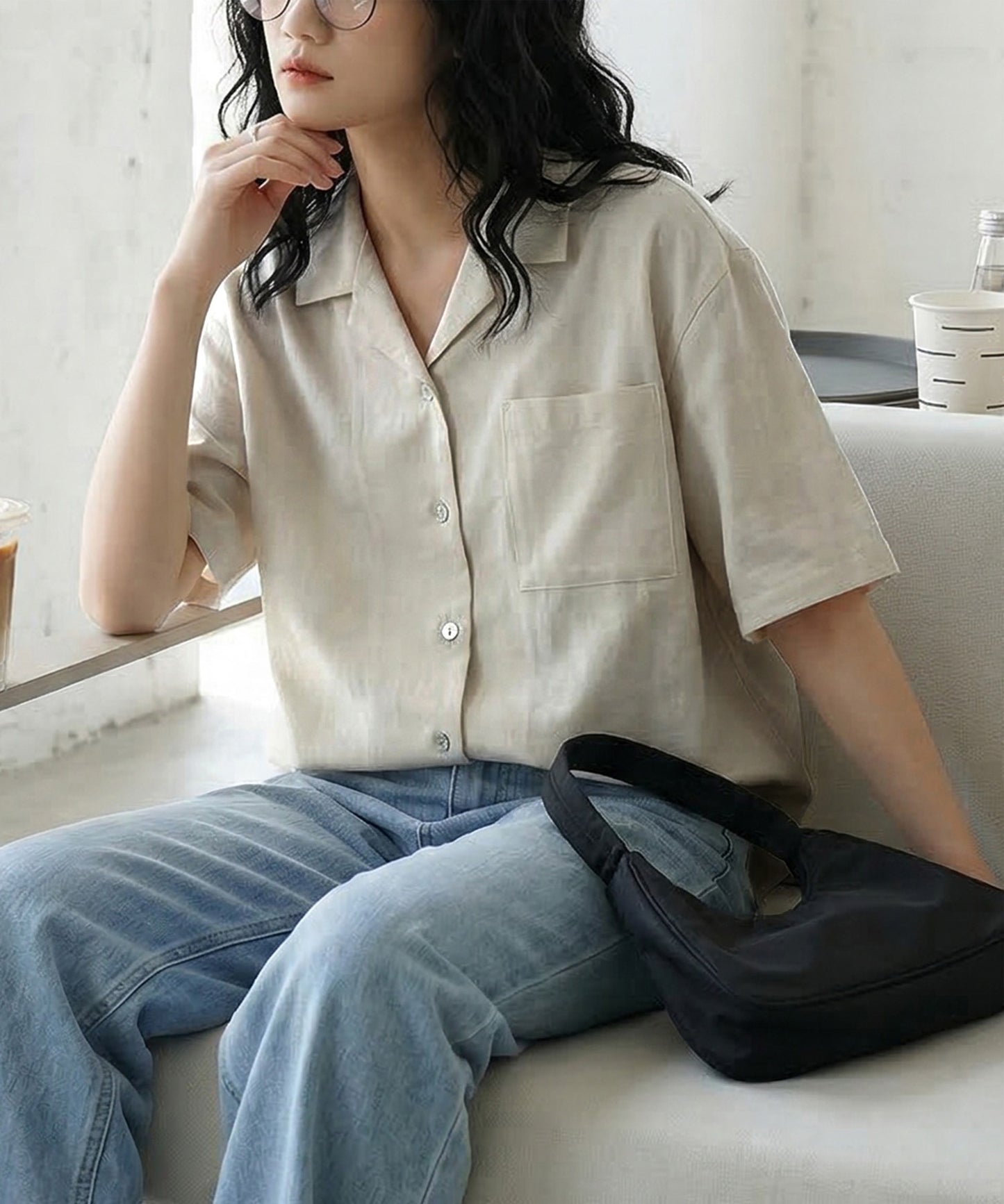 Open-Collar Linen Blend Shirt Ladies