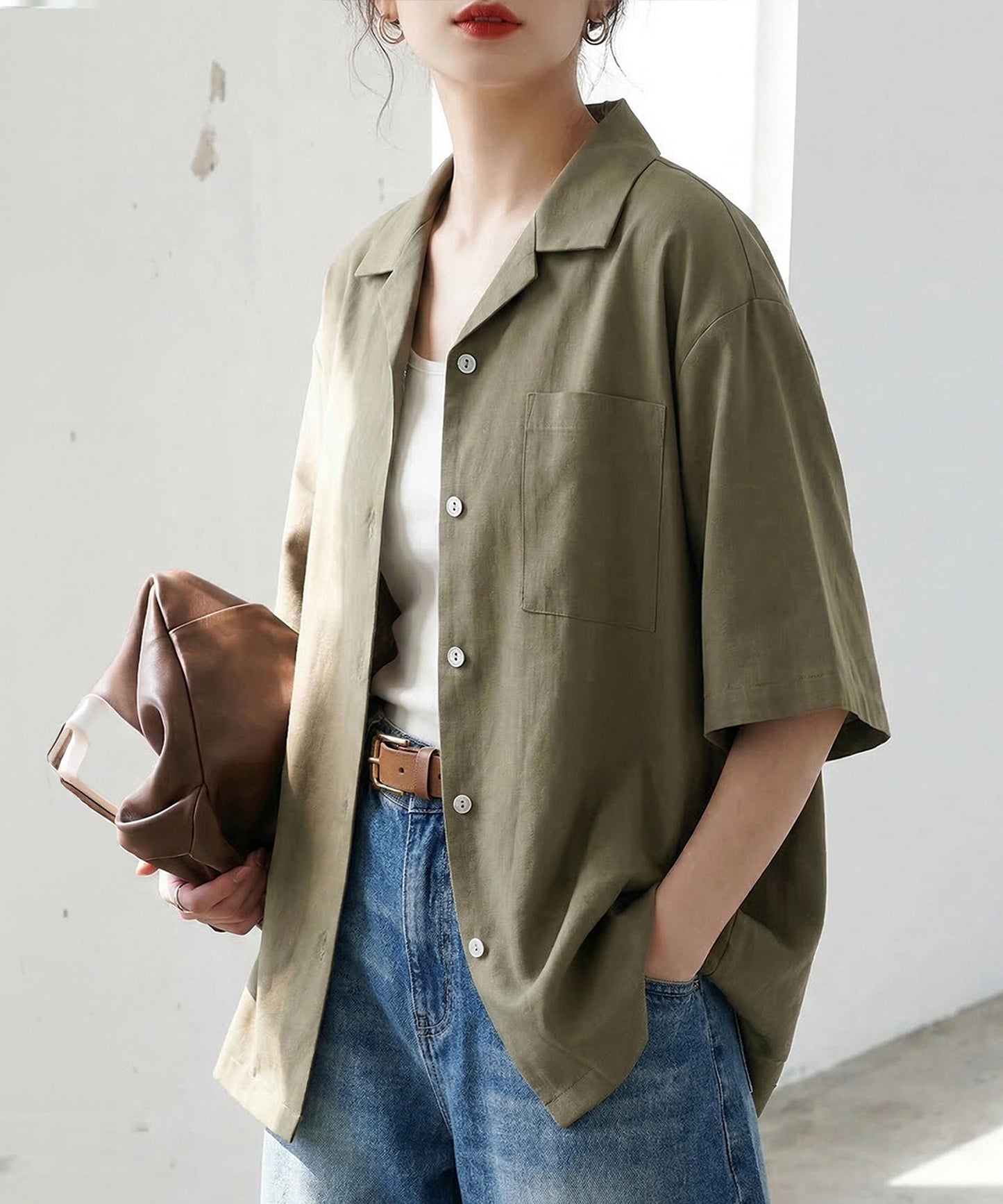 Open-Collar Linen Blend Shirt Ladies