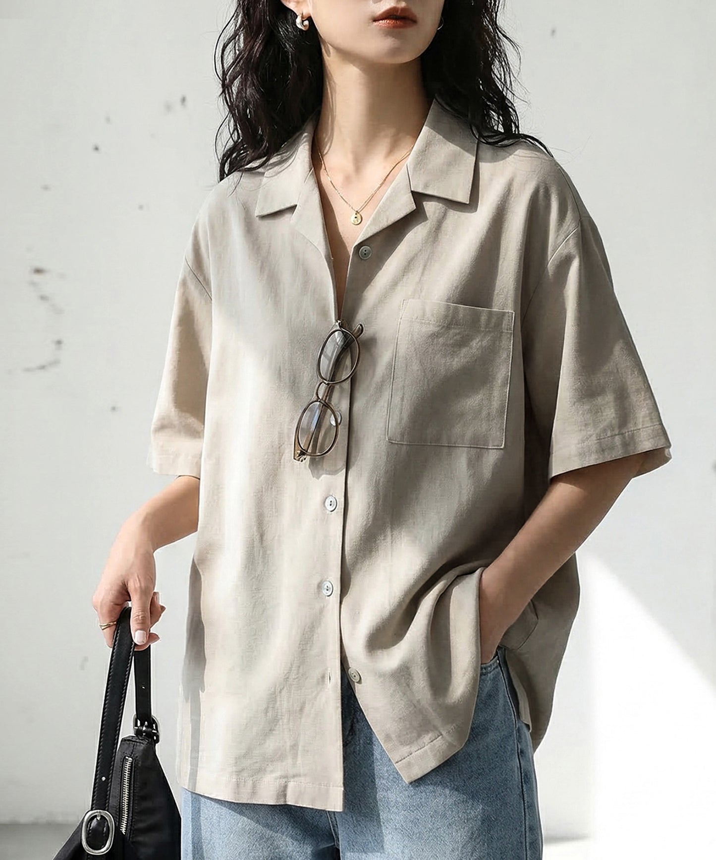 Open-Collar Linen Blend Shirt Ladies