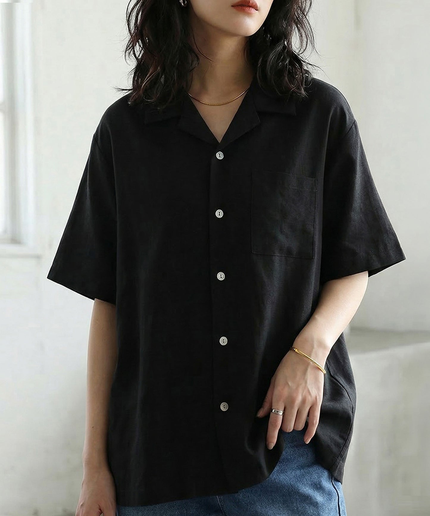 Open-Collar Linen Blend Shirt Ladies