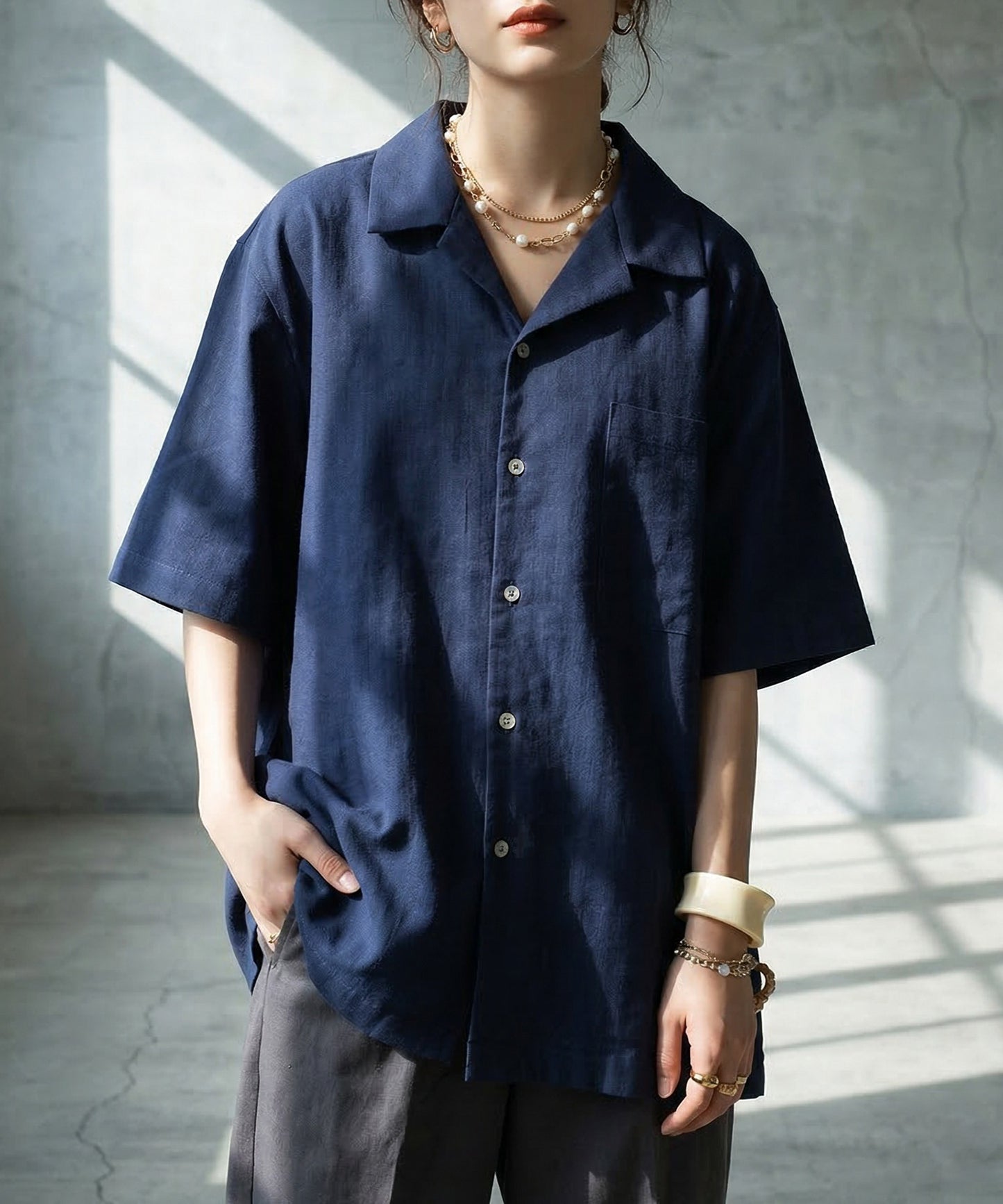 Open-Collar Linen Blend Shirt Ladies