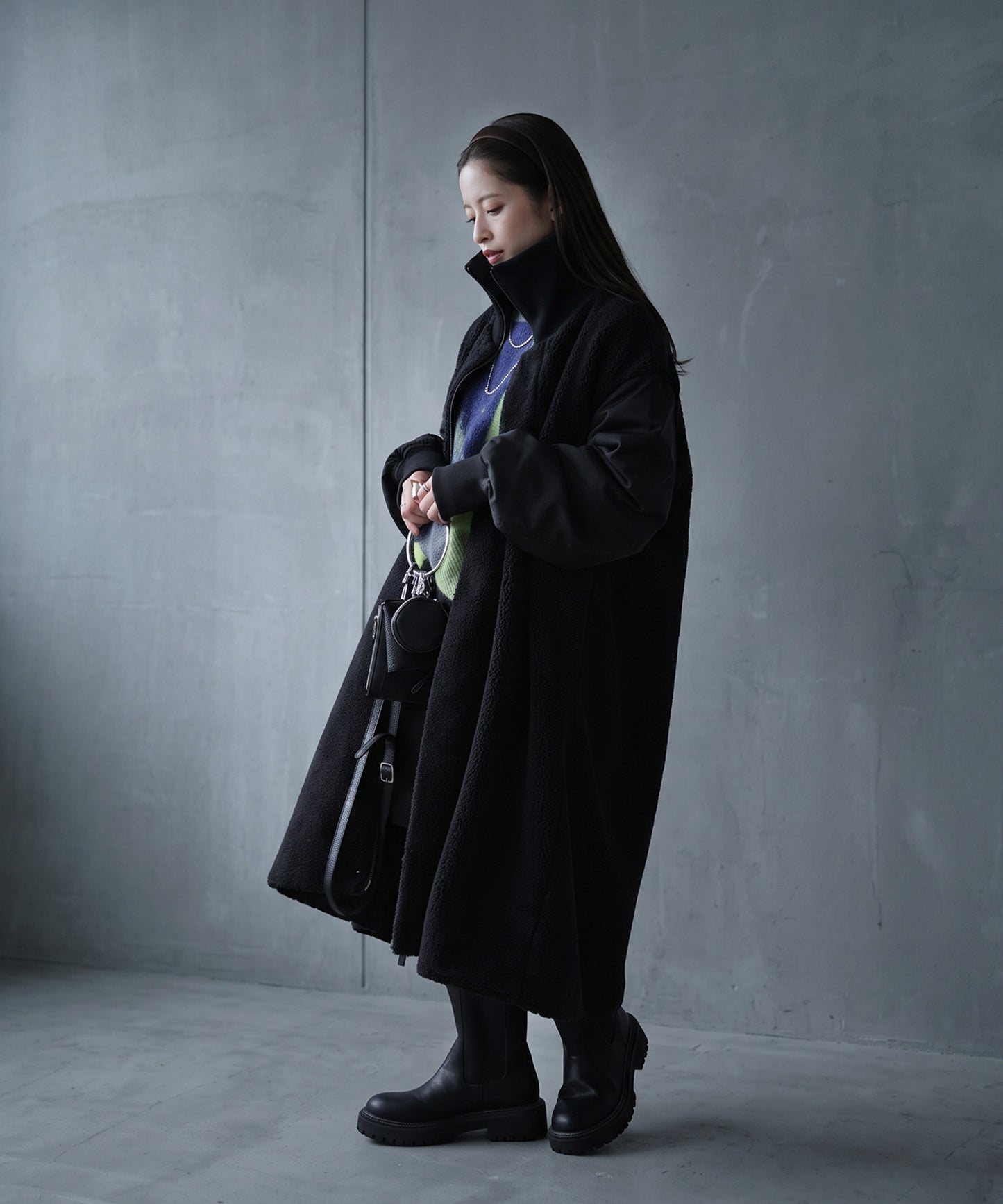 Mixed-Material Docking Boa Long Coat Ladies
