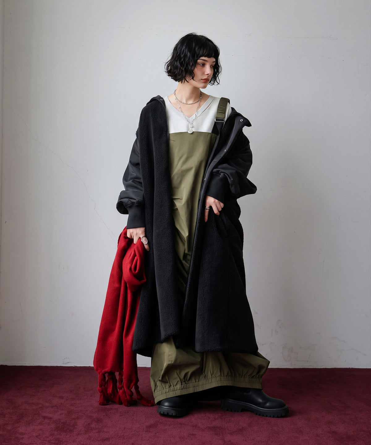 Mixed-Material Docking Boa Long Coat Ladies