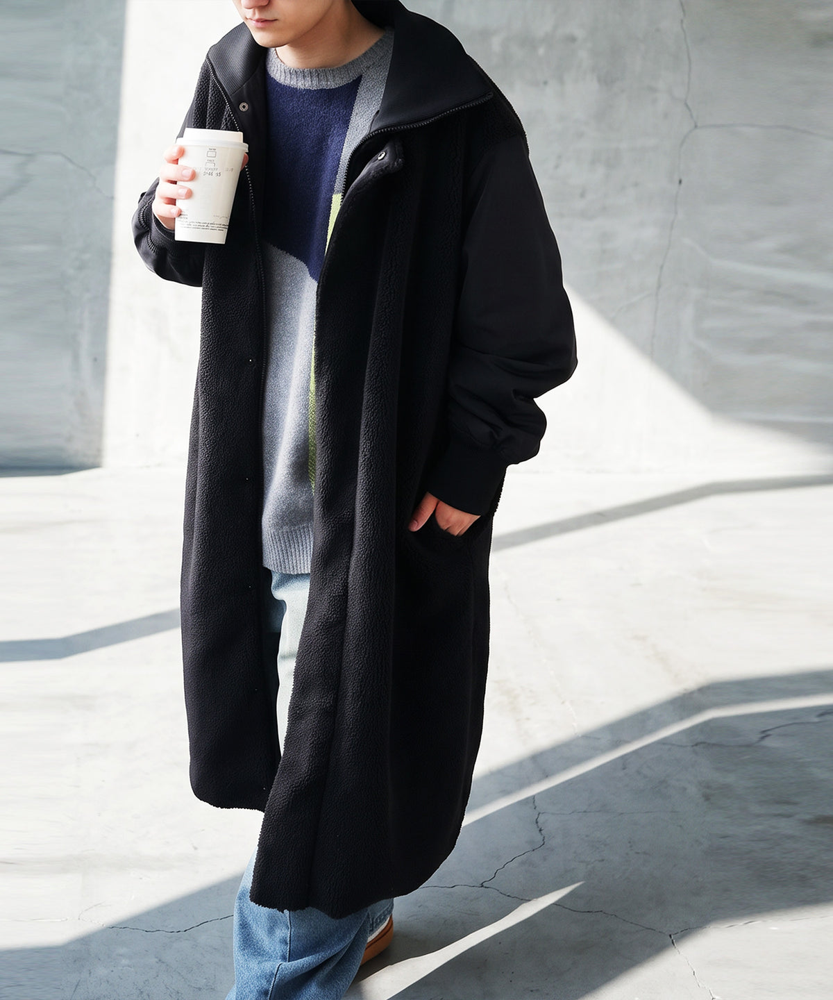 Mixed-Material Docking Boa Long Coat Men’s