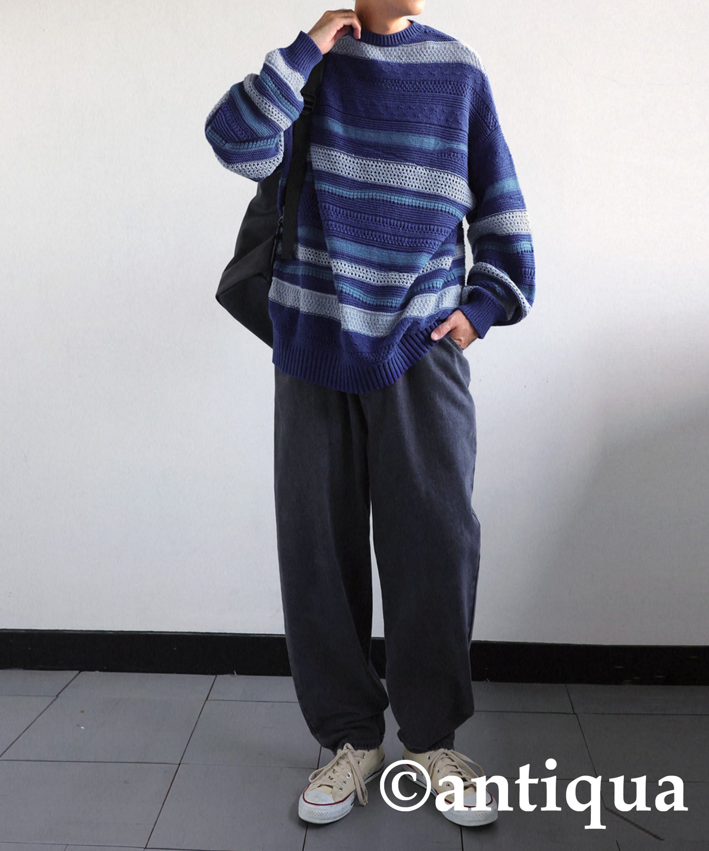 Multi garter knitting Men's sweater horizontal stripe