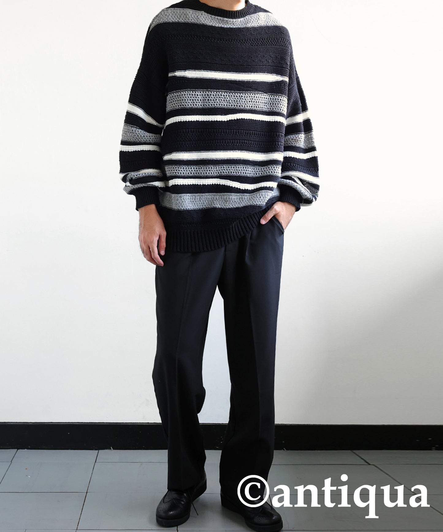 Multi garter knitting Men's sweater horizontal stripe