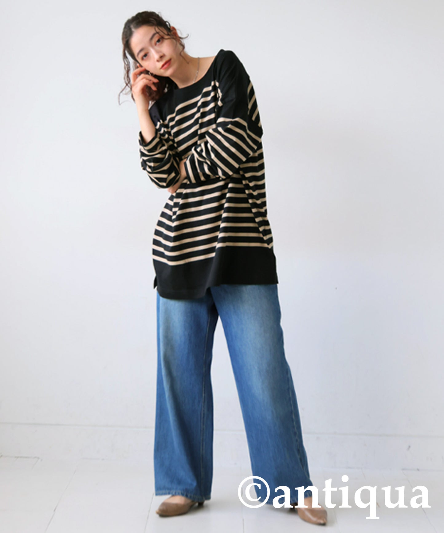 Basque fabric Border long T-shirt Ladies