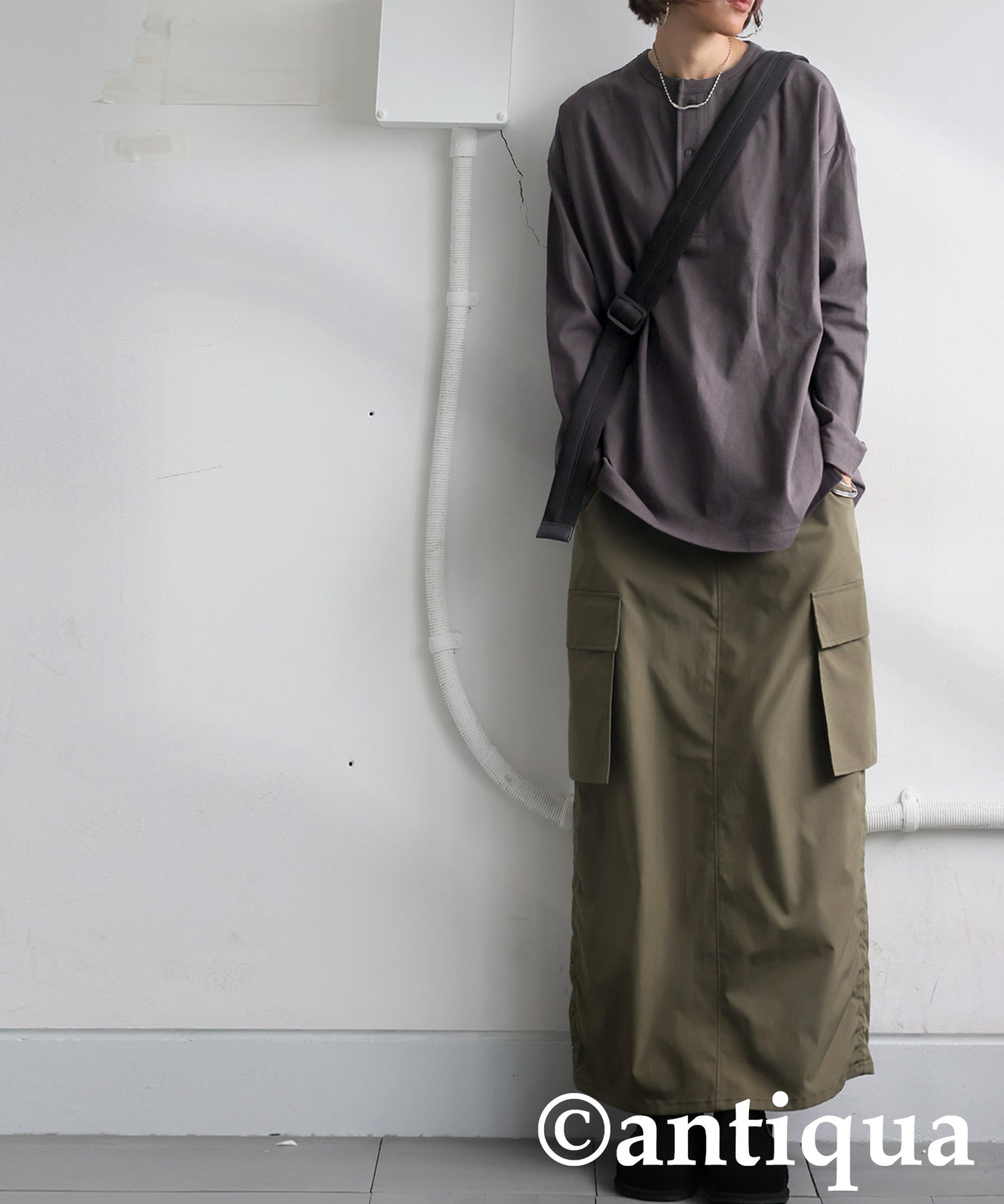 Henley Neck Basque Long T-Shirt Ladies