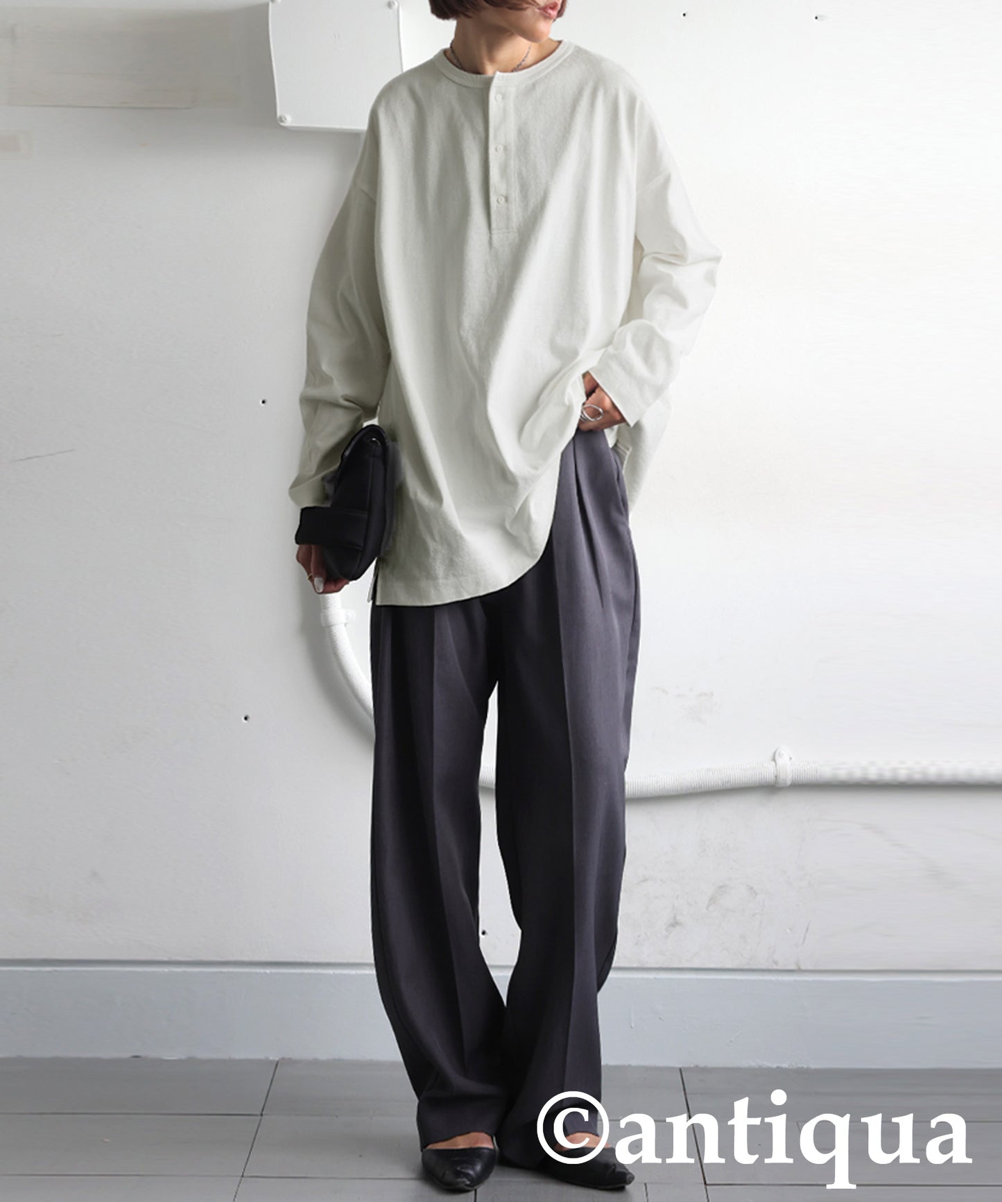 Henley Neck Basque Long T-Shirt Ladies