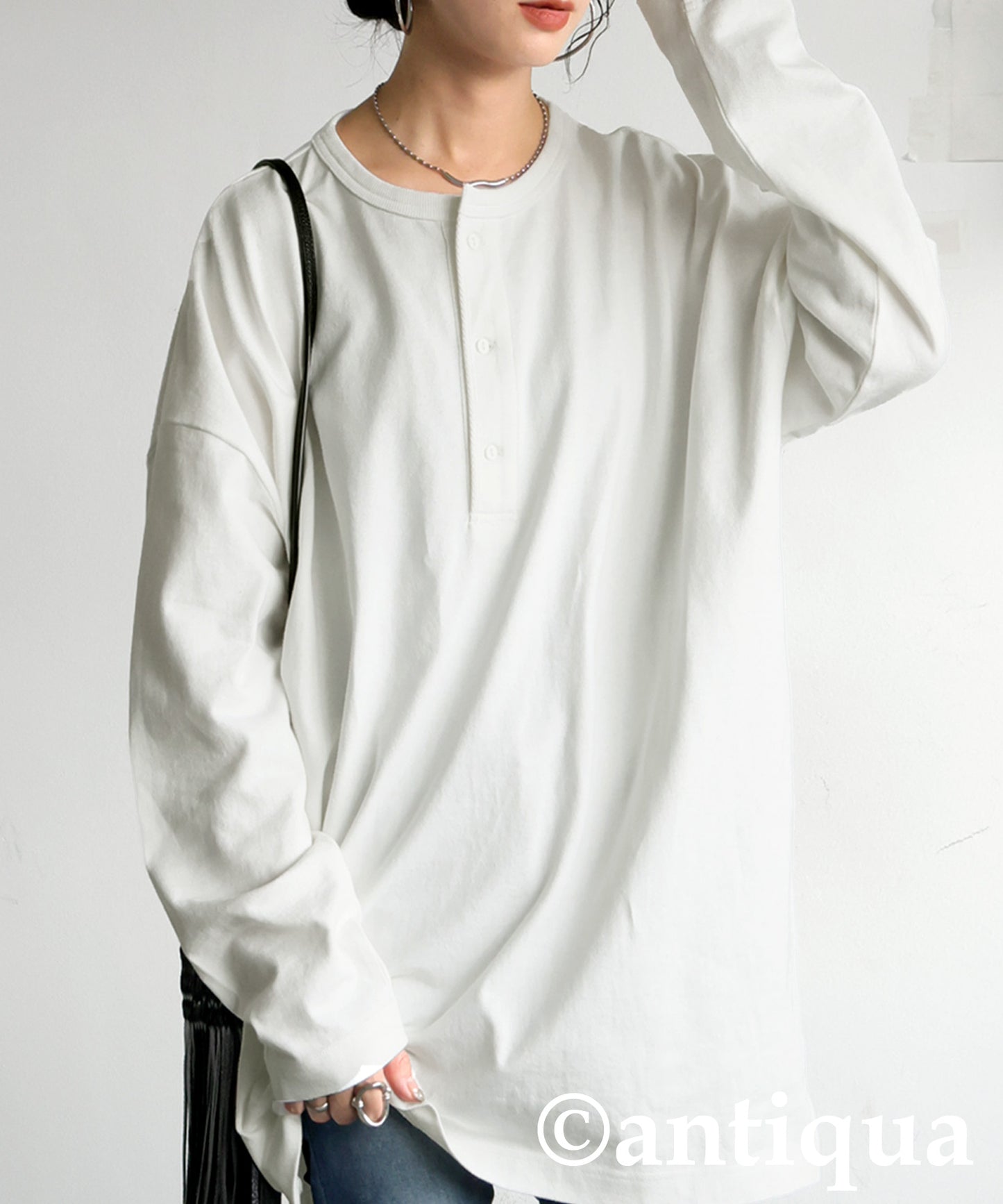 Henley Neck Basque Long T-Shirt Ladies