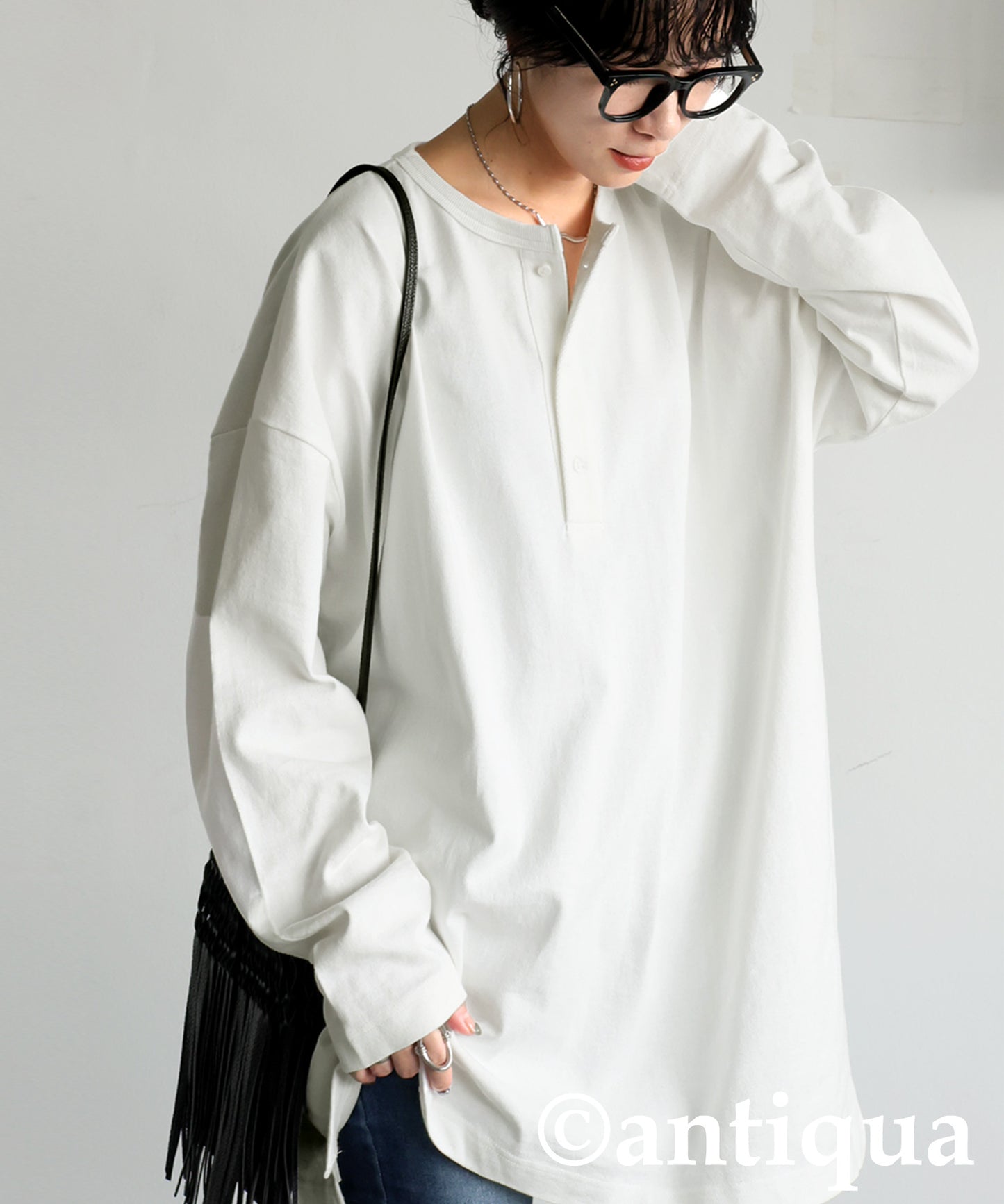 Henley Neck Basque Long T-Shirt Ladies