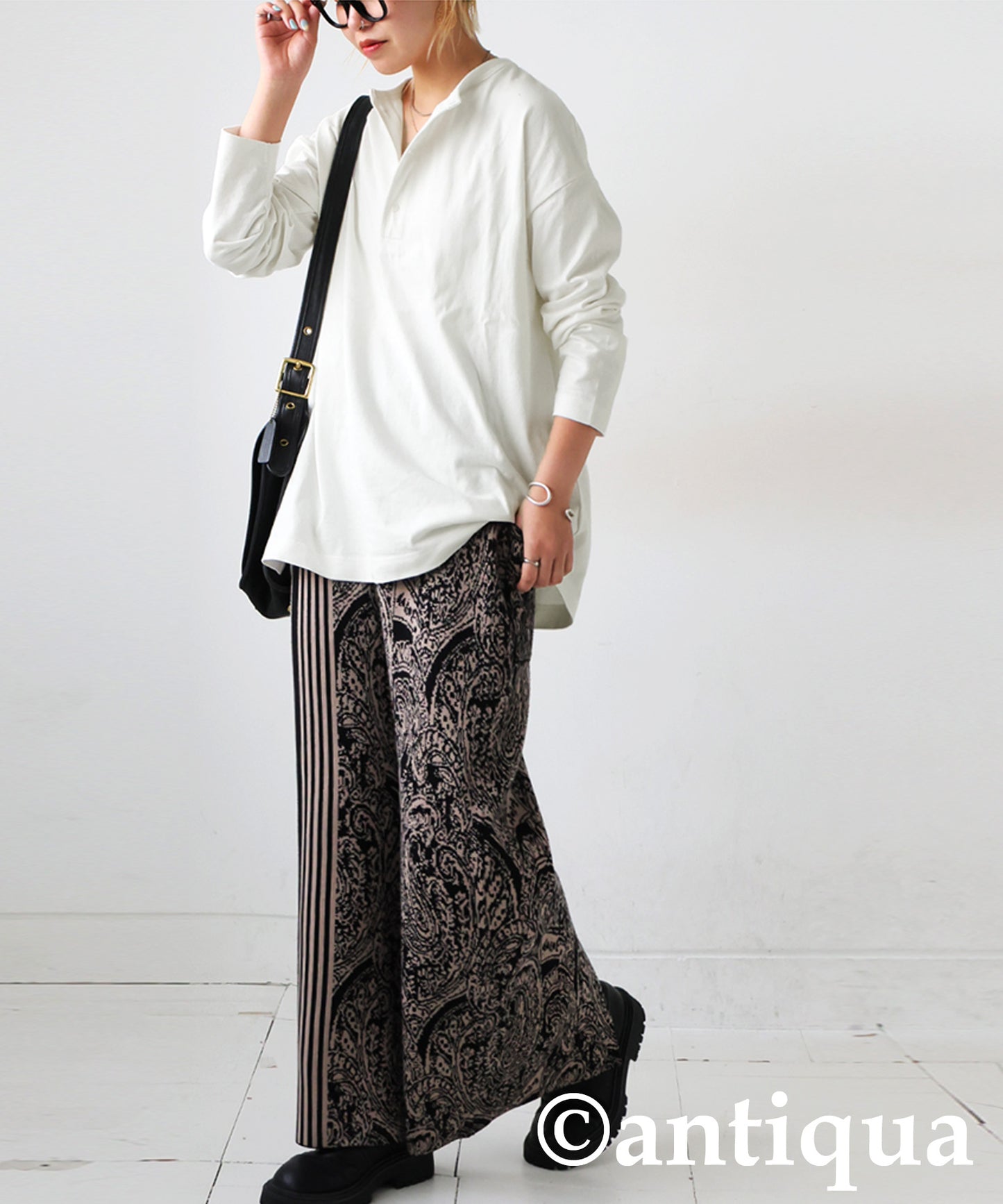 Henley Neck Basque Long T-Shirt Ladies