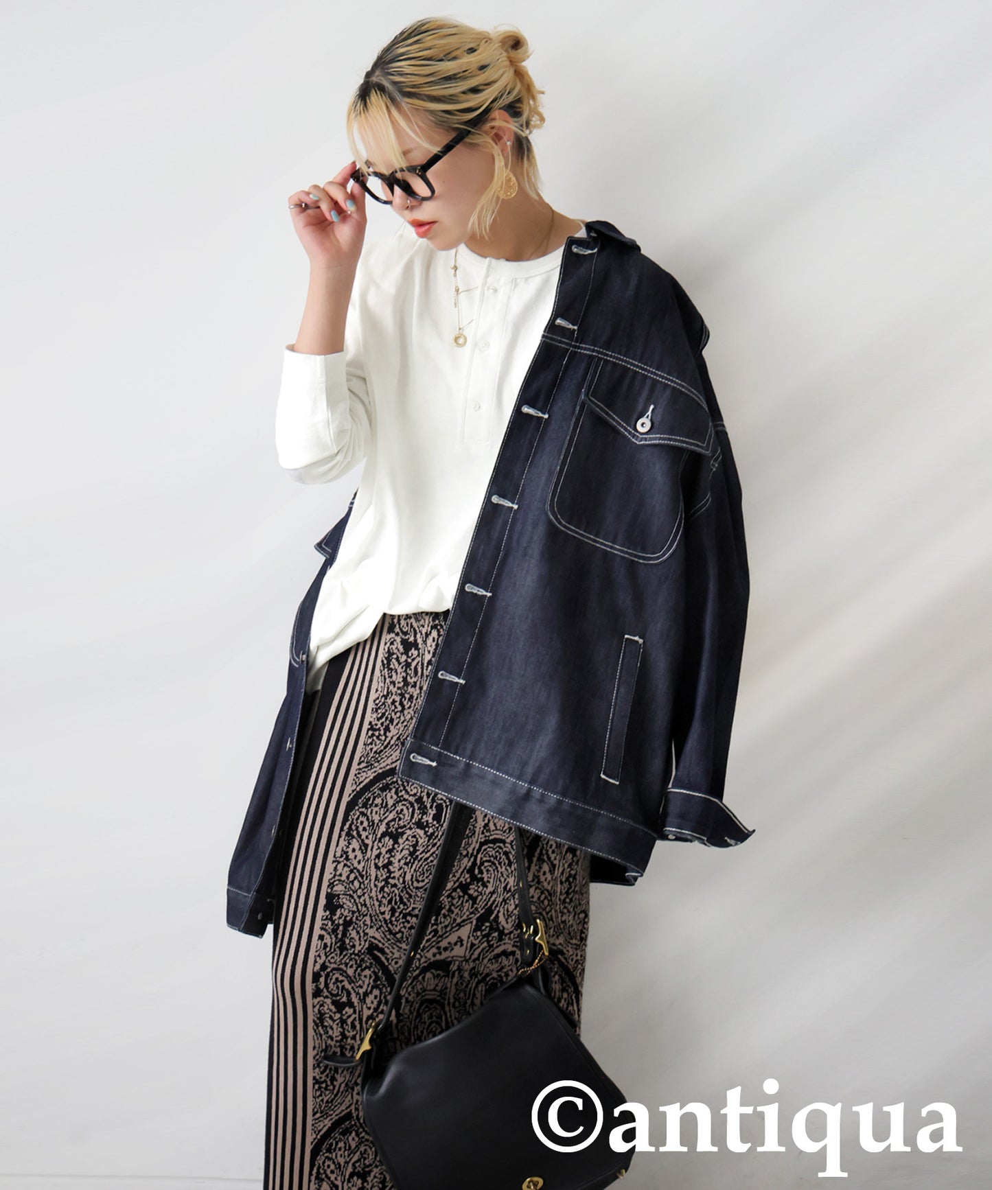 Henley Neck Basque Long T-Shirt Ladies