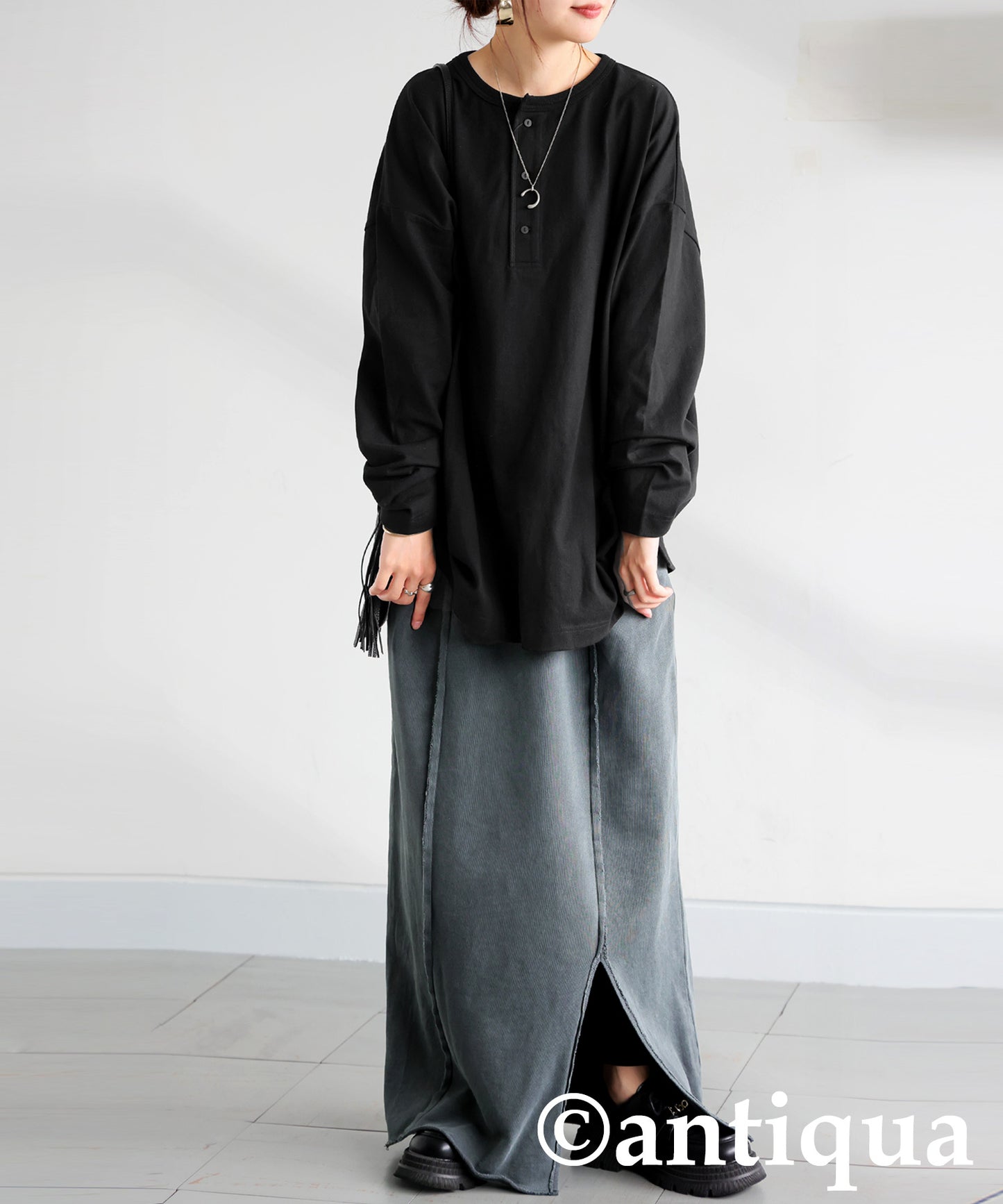 Henley Neck Basque Long T-Shirt Ladies