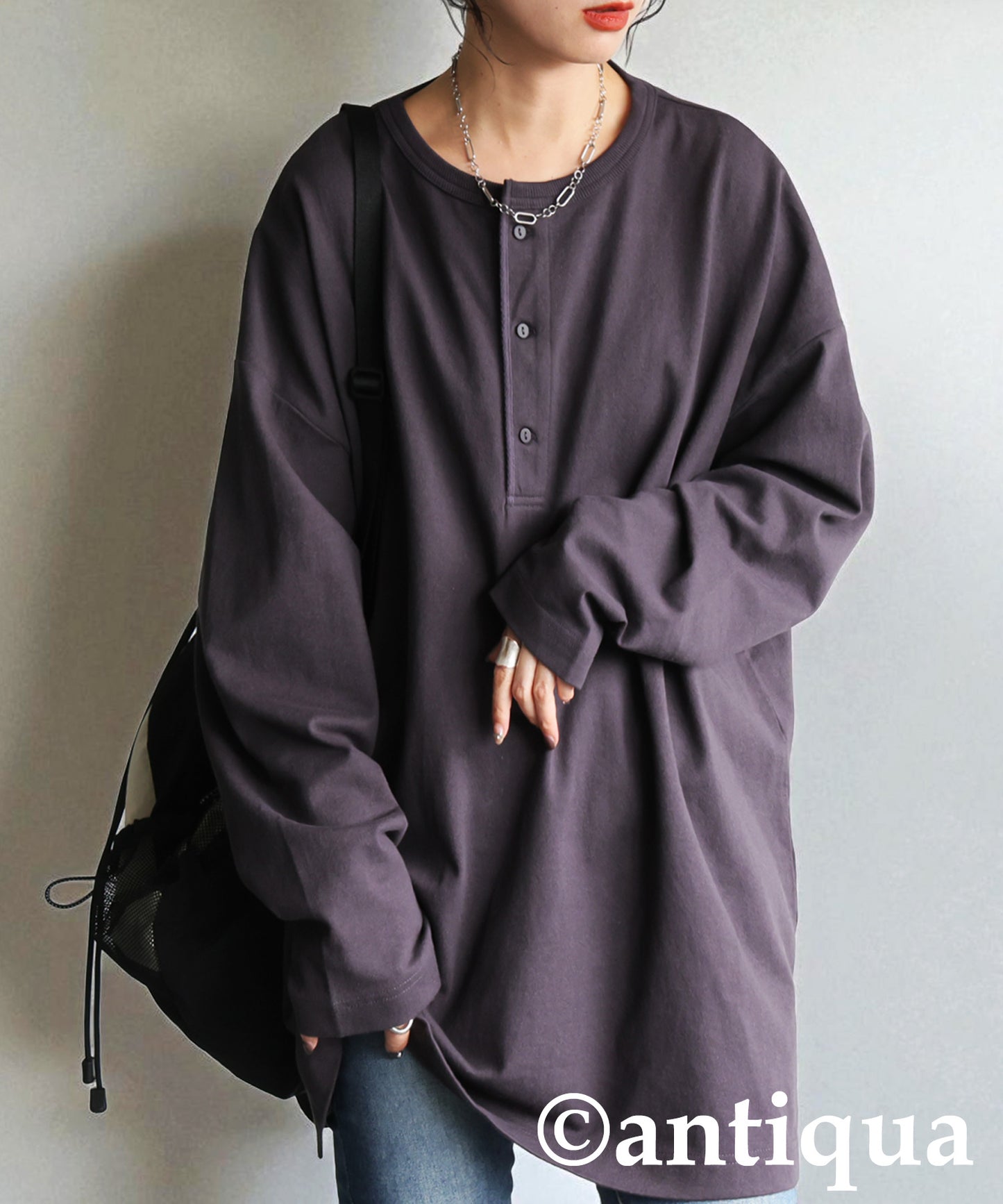 Henley Neck Basque Long T-Shirt Ladies