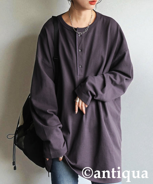Henley Neck Basque Long T-Shirt Ladies