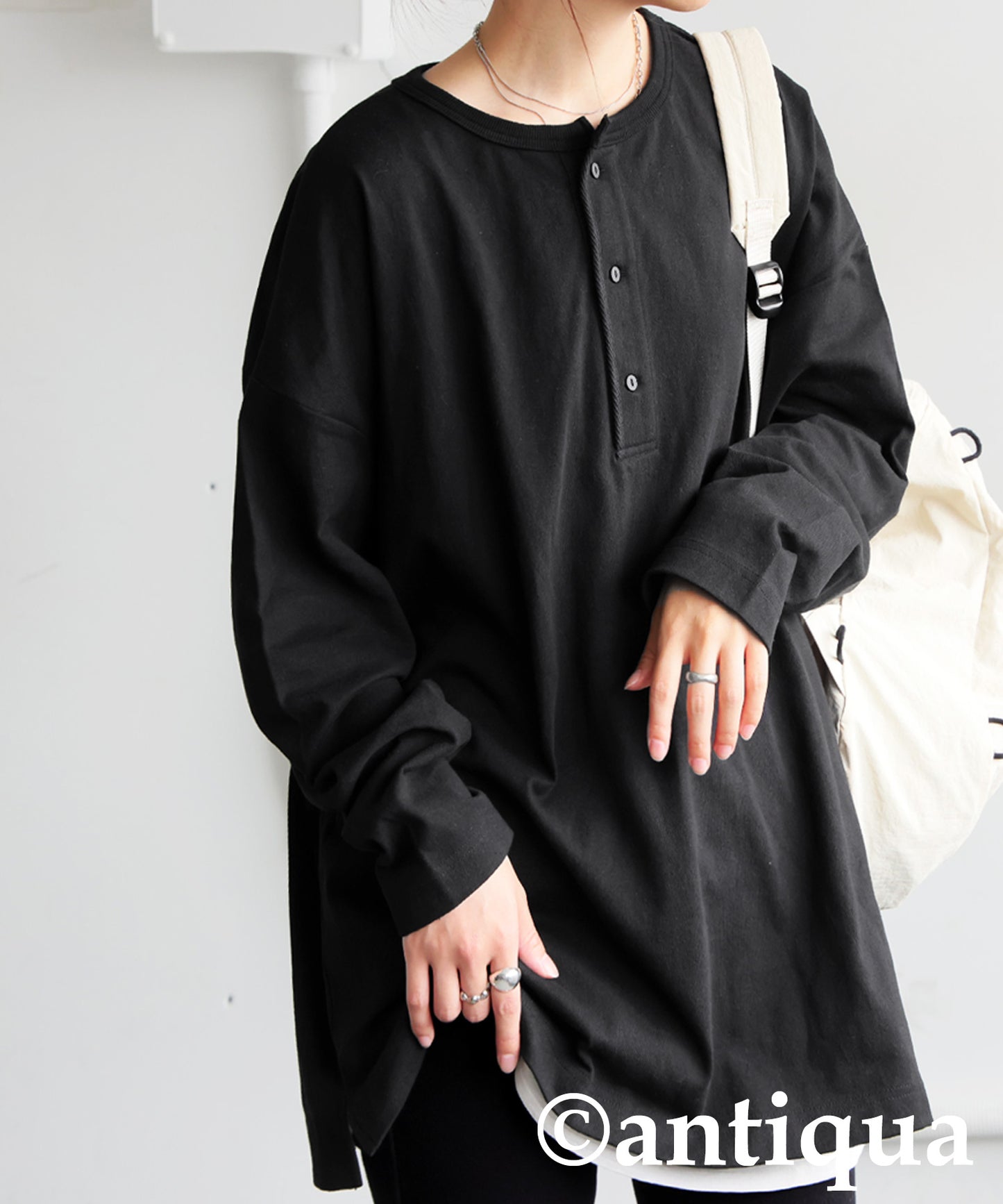 Henley Neck Basque Long T-Shirt Ladies