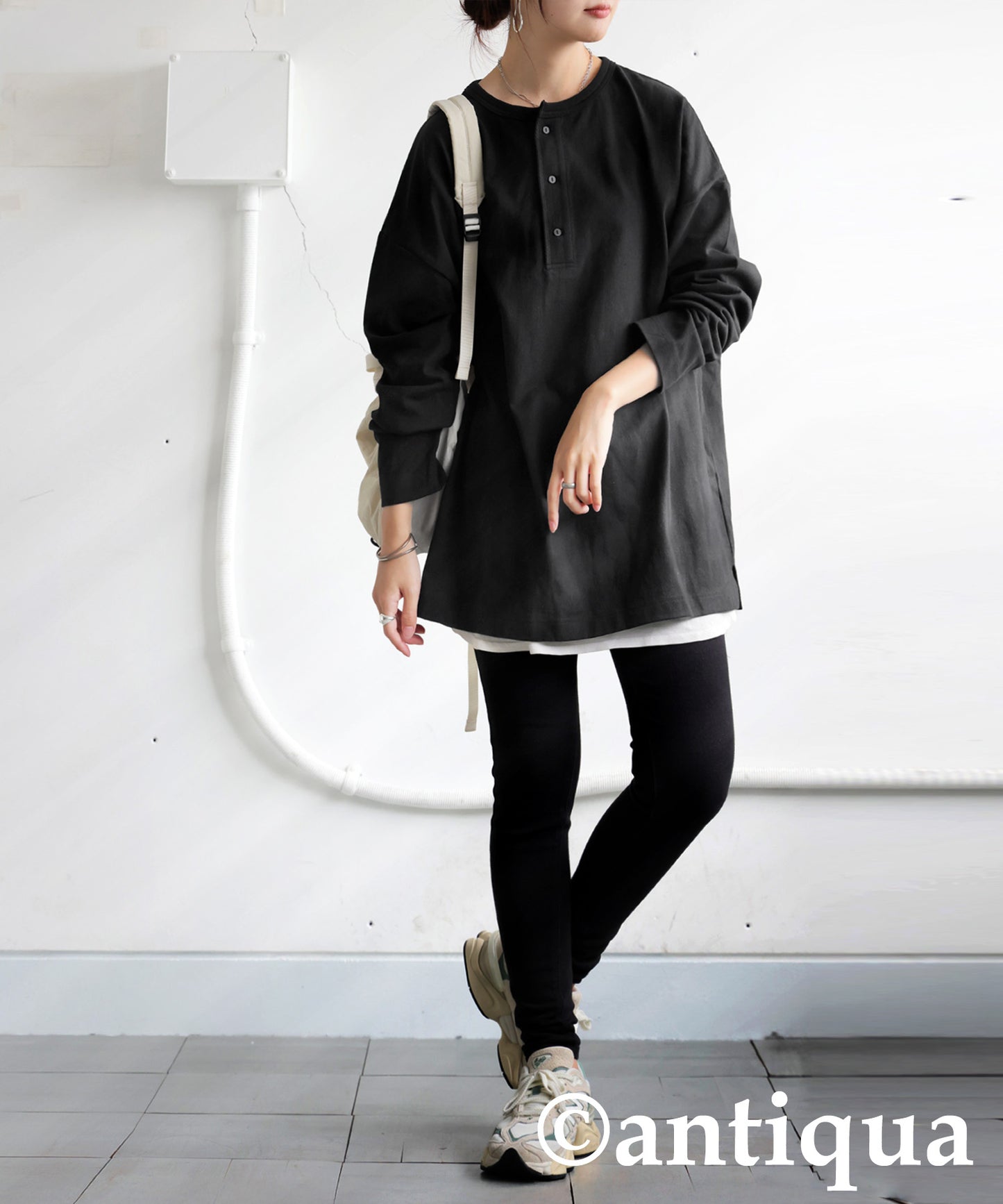 Henley Neck Basque Long T-Shirt Ladies