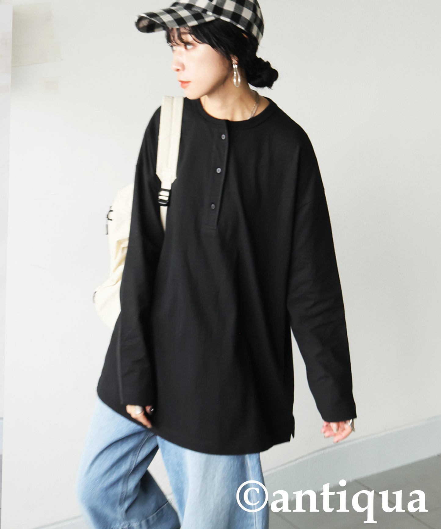 Henley Neck Basque Long T-Shirt Ladies