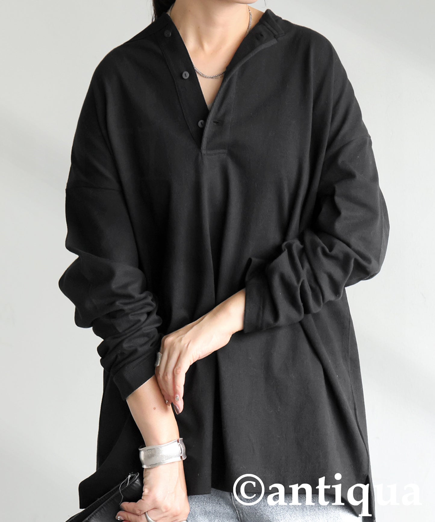 Henley Neck Basque Long T-Shirt Ladies