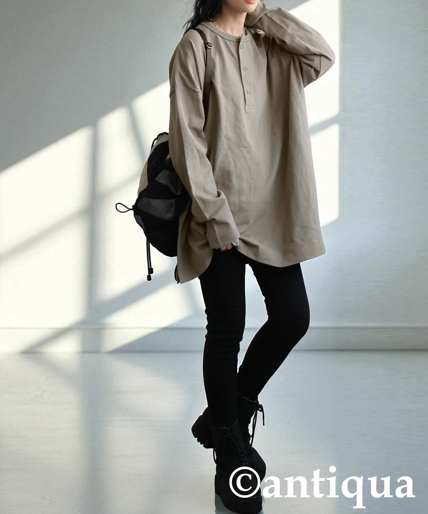 Henley Neck Basque Long T-Shirt Ladies