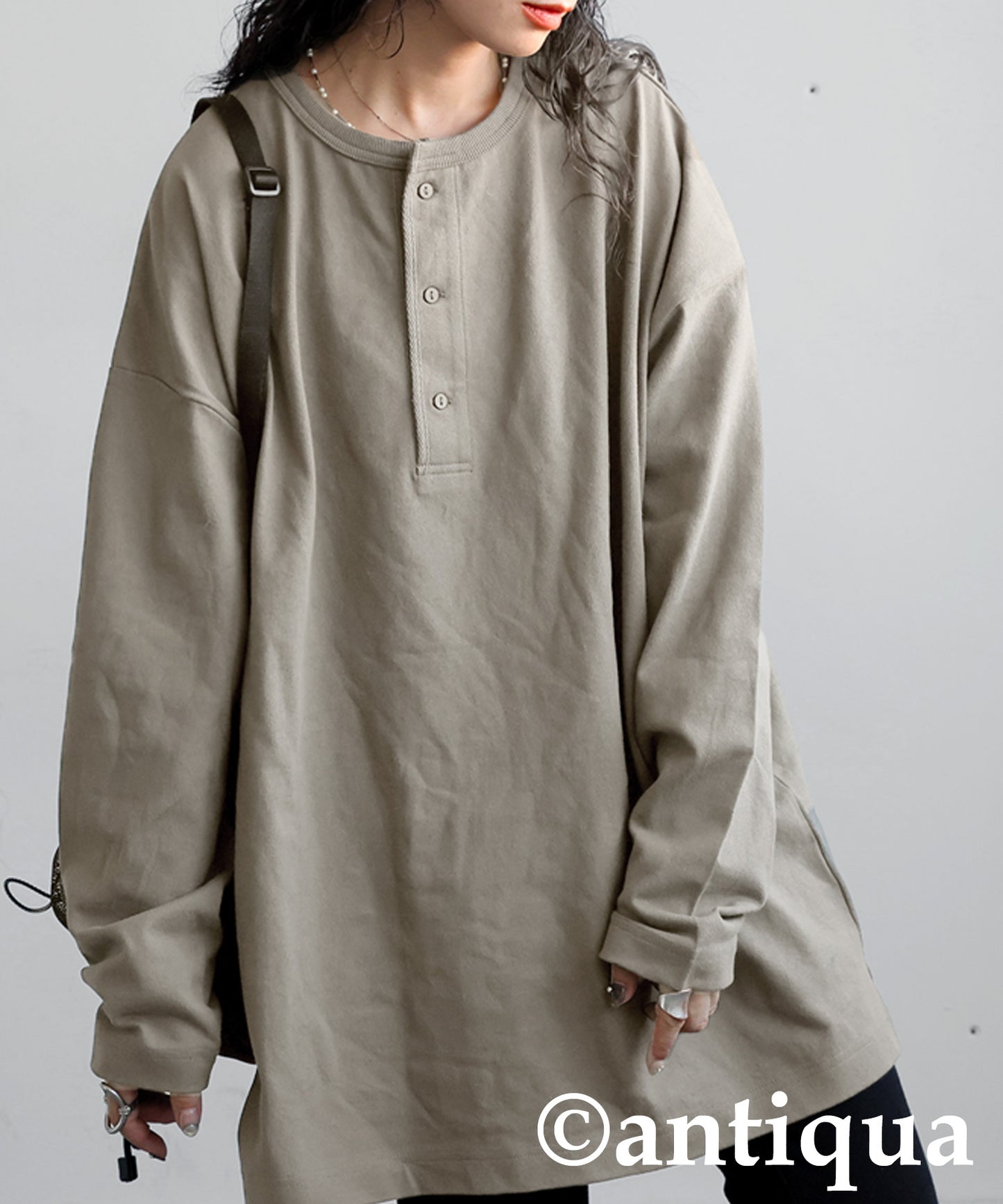 Henley Neck Basque Long T-Shirt Ladies