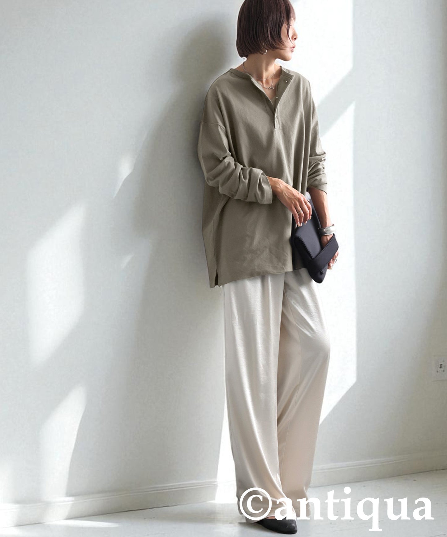 Henley Neck Basque Long T-Shirt Ladies