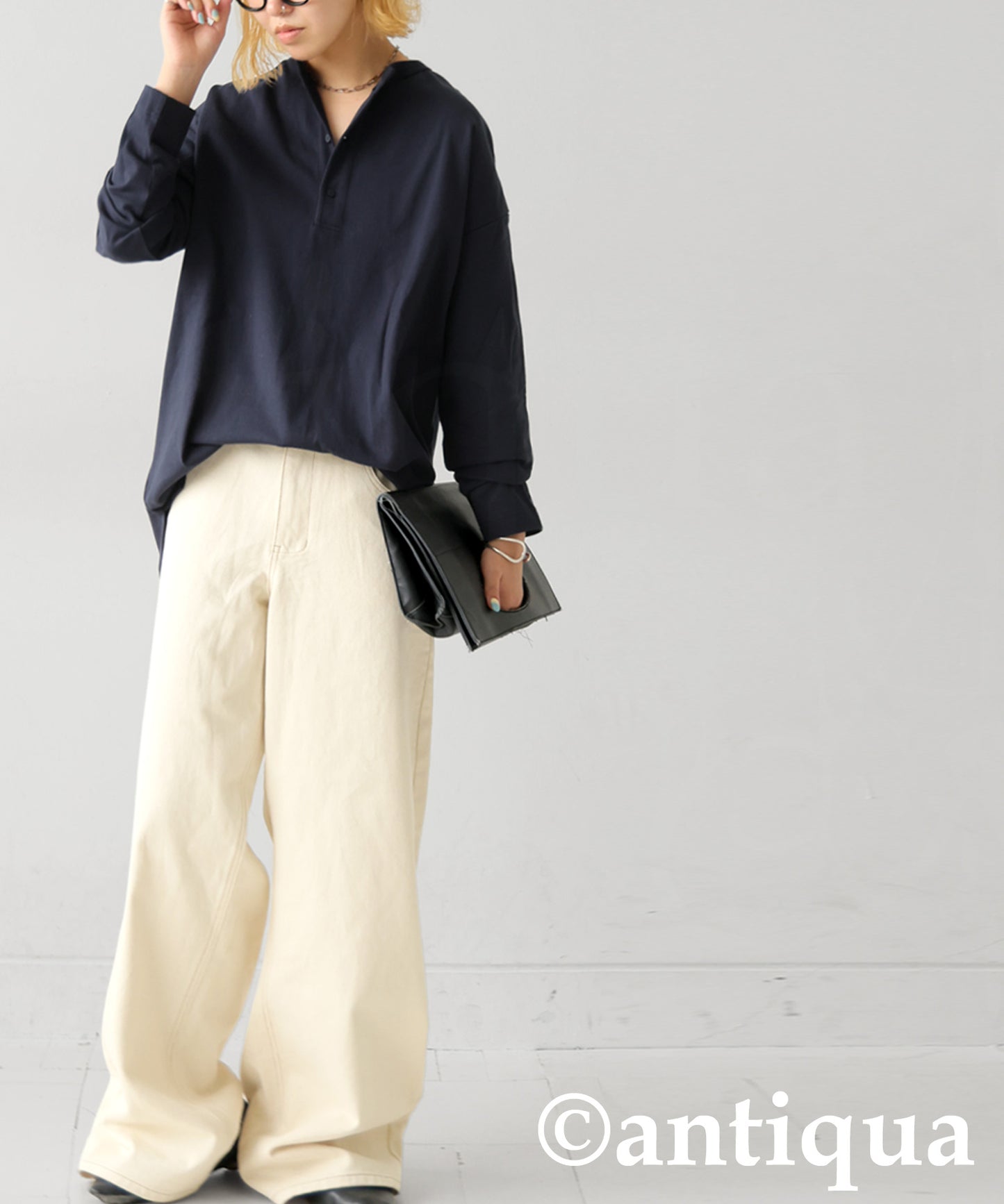 Henley Neck Basque Long T-Shirt Ladies