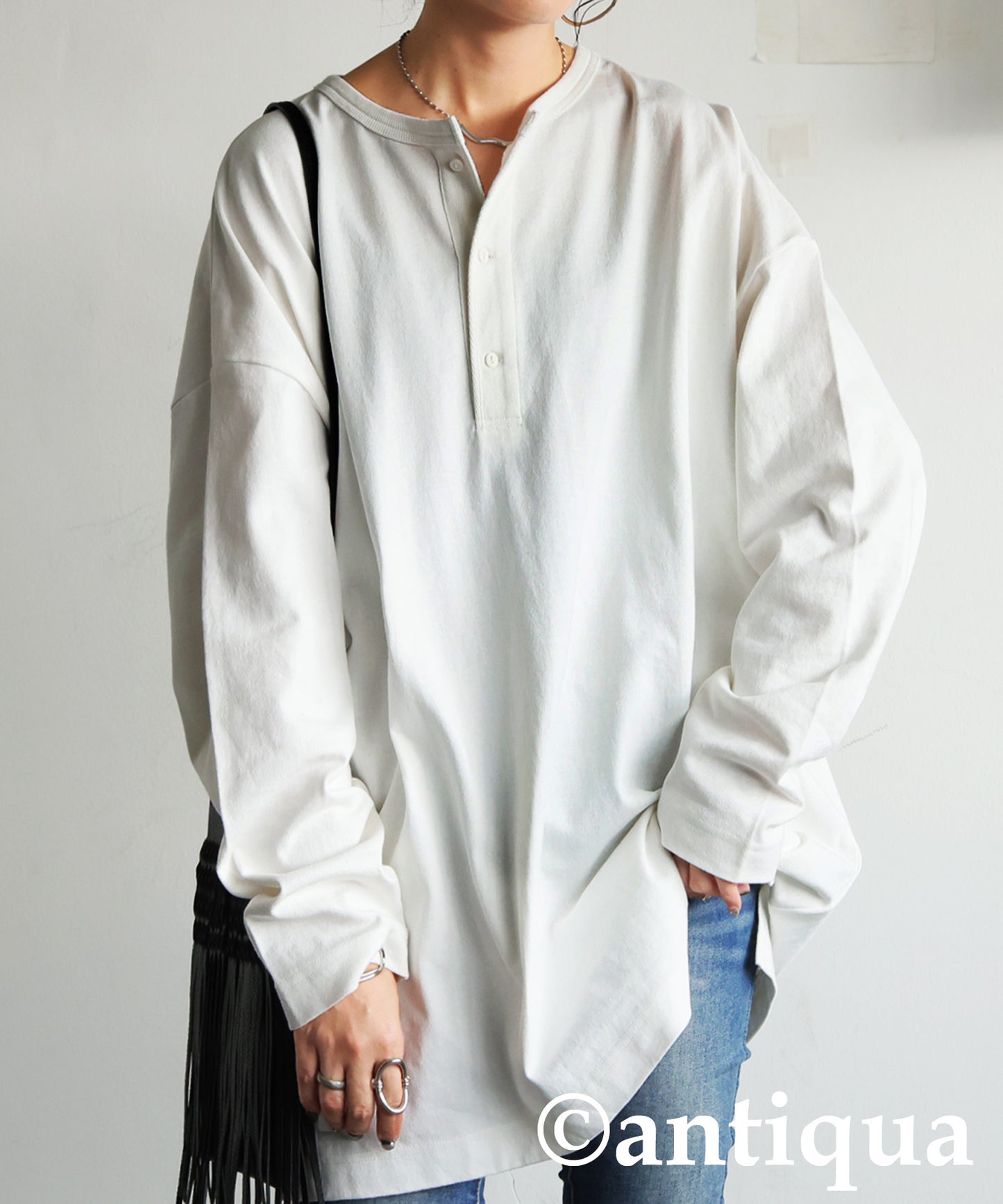 Henley Neck Basque Long T-Shirt Ladies