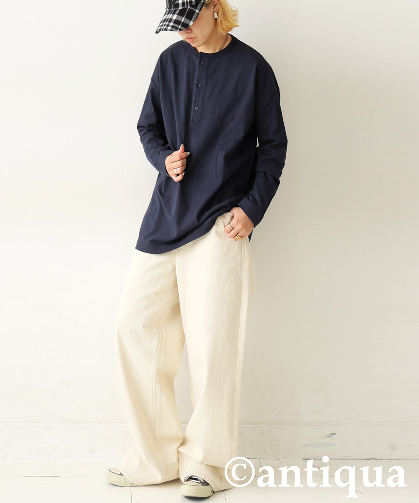 Henley Neck Basque Long T-Shirt Ladies