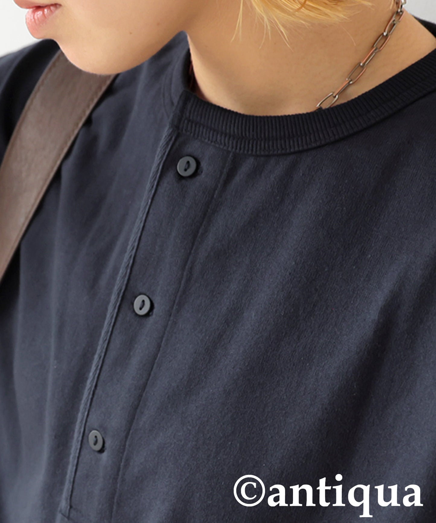 Henley Neck Basque Long T-Shirt Ladies