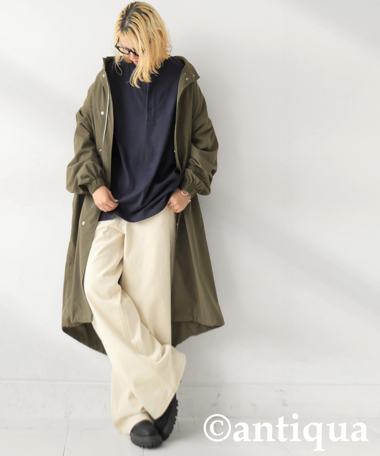 Henley Neck Basque Long T-Shirt Ladies