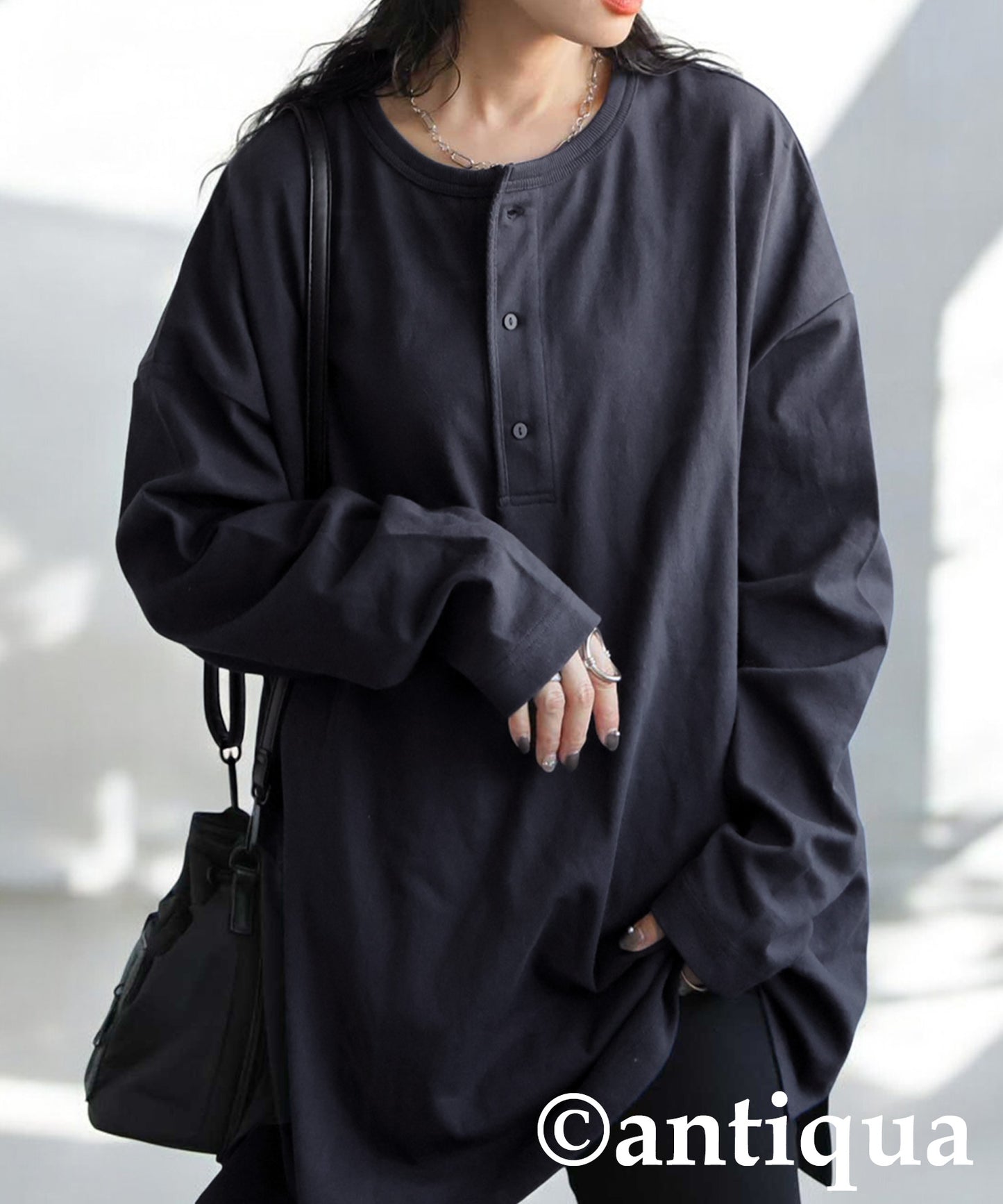 Henley Neck Basque Long T-Shirt Ladies