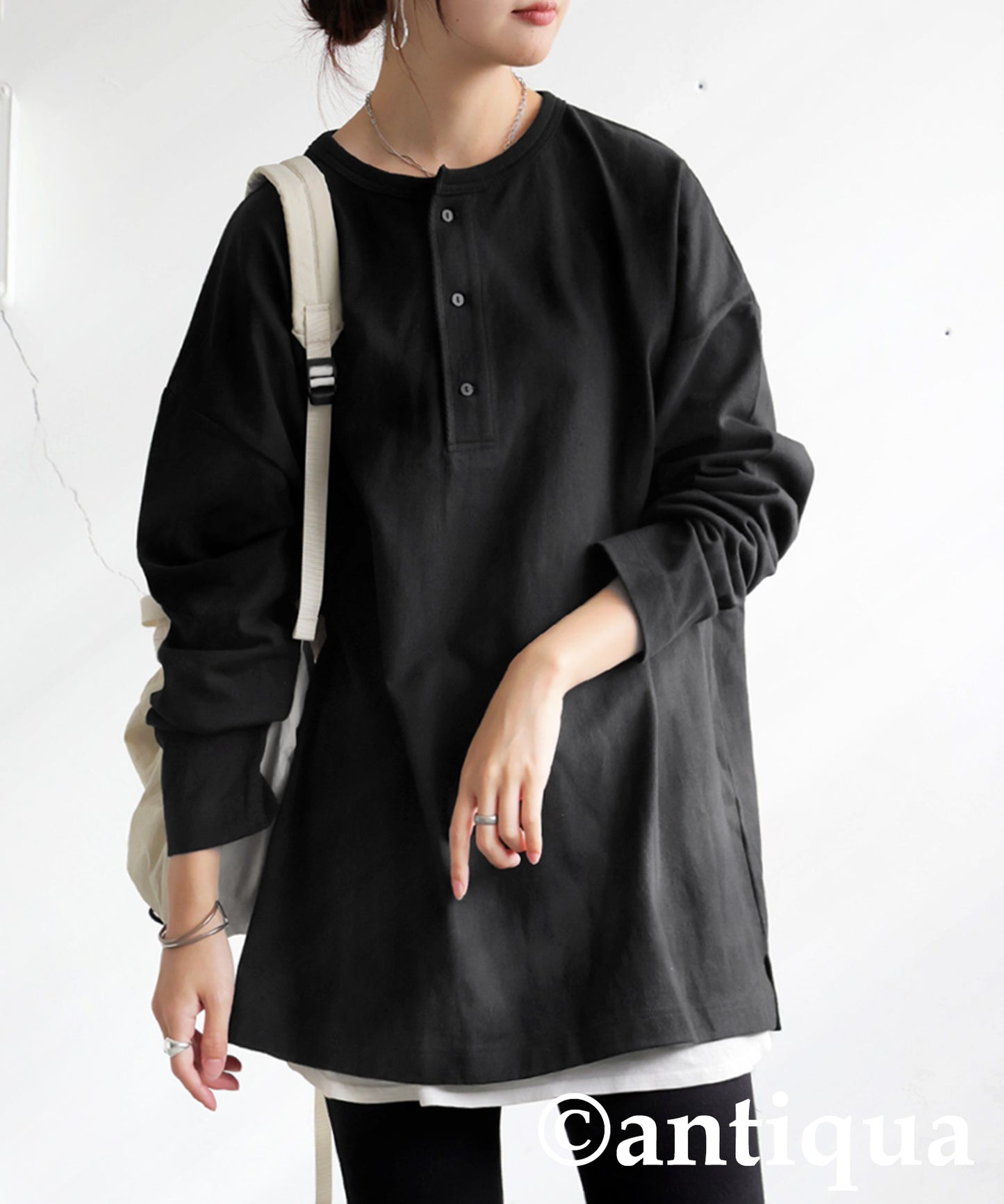 Henley Neck Basque Long T-Shirt Ladies