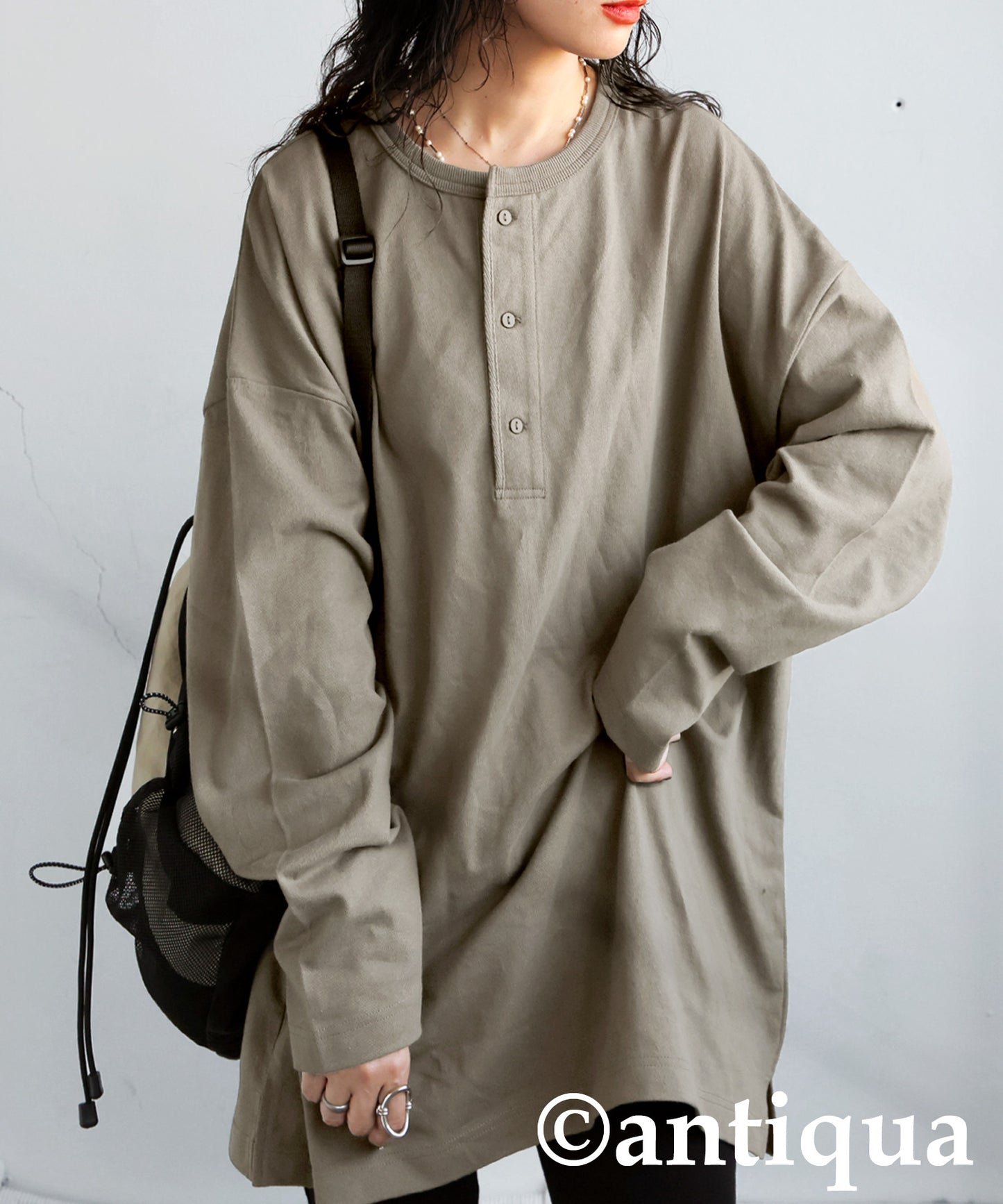 Henley Neck Basque Long T-Shirt Ladies