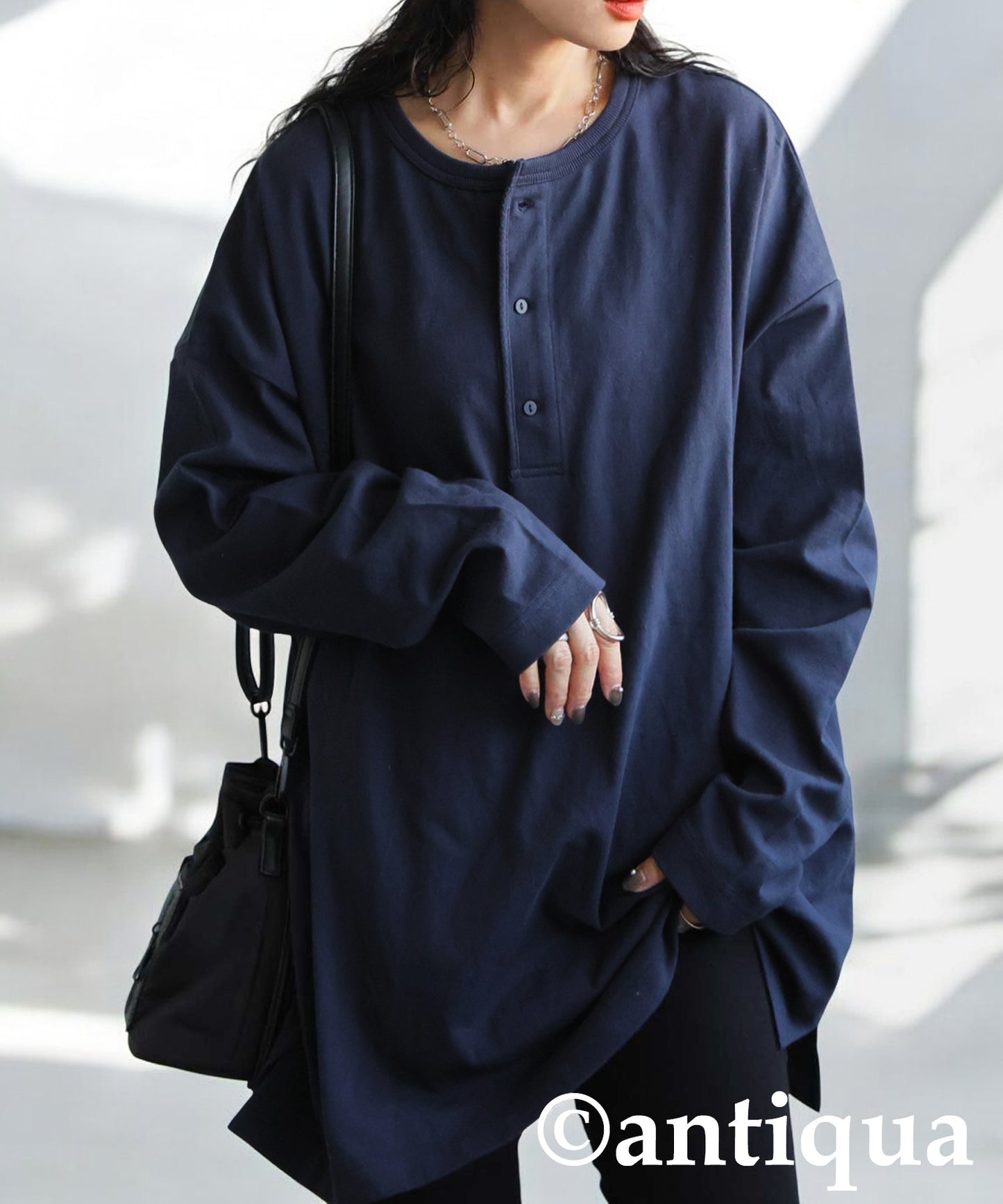 Henley Neck Basque Long T-Shirt Ladies