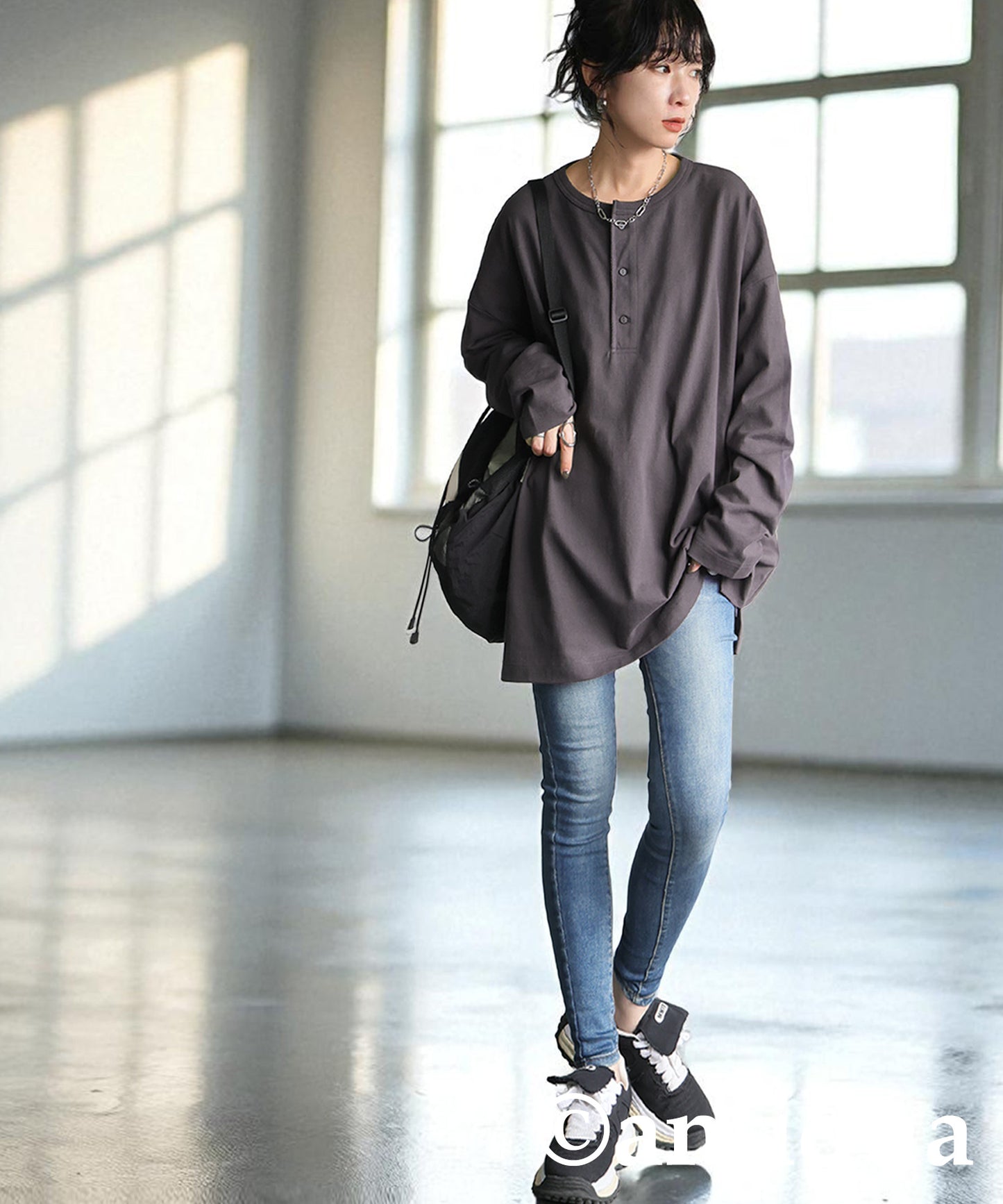 Henley Neck Basque Long T-Shirt Ladies