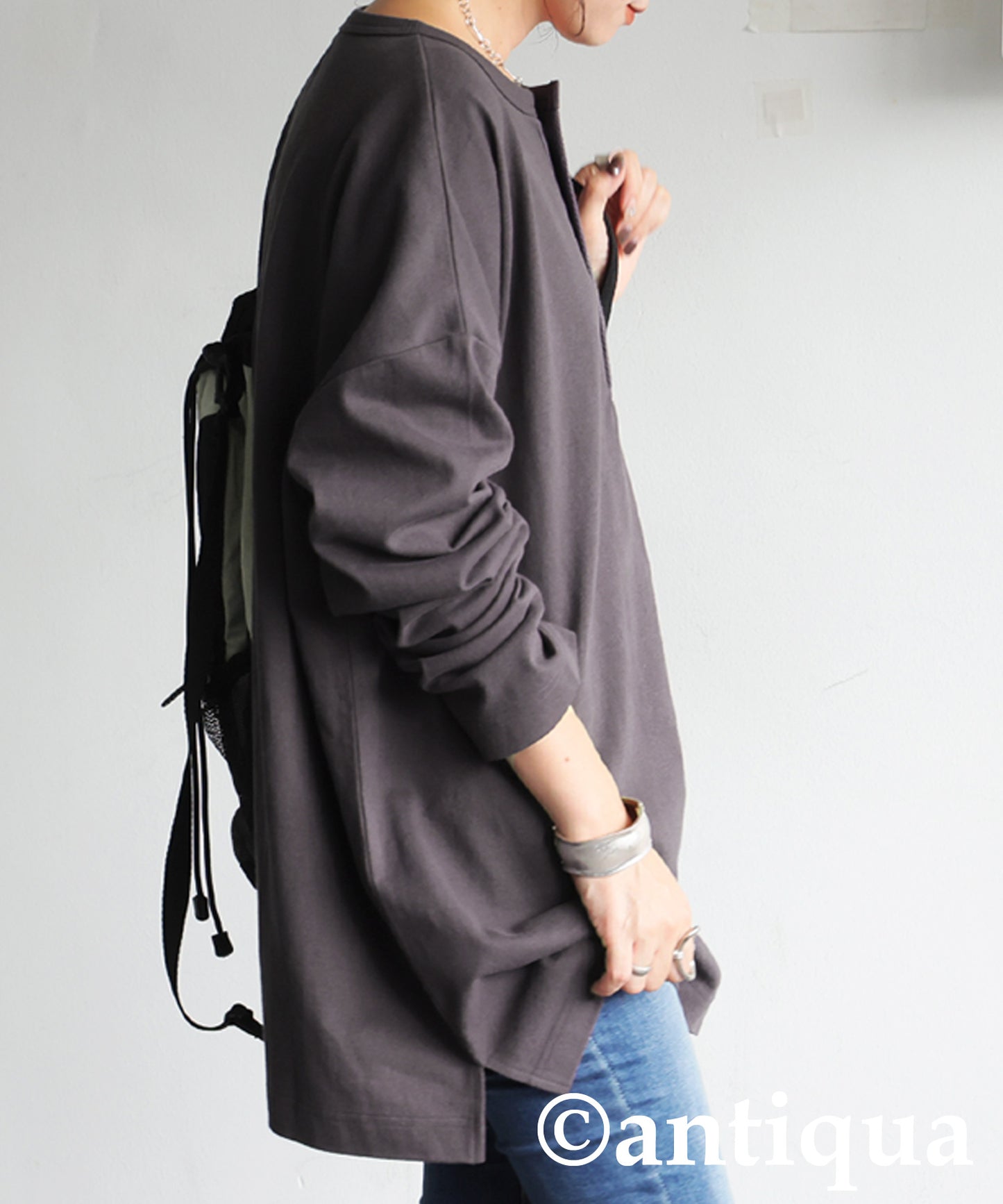 Henley Neck Basque Long T-Shirt Ladies