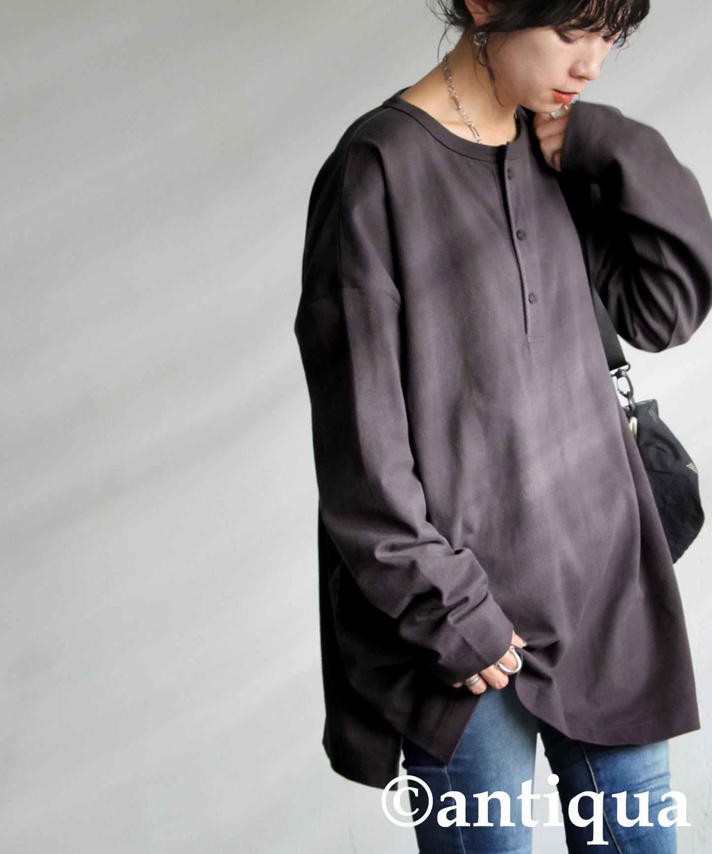 Henley Neck Basque Long T-Shirt Ladies