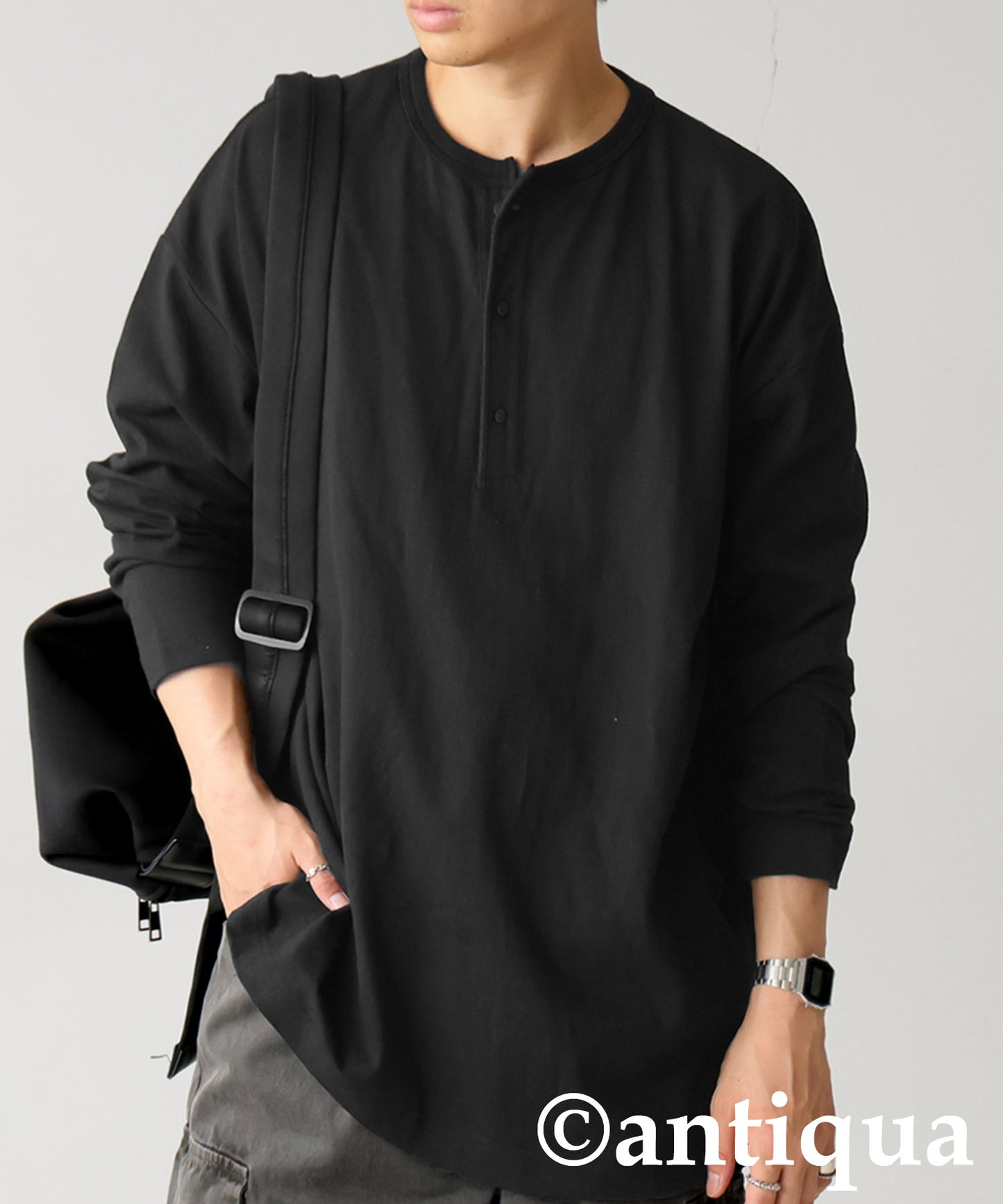 Henley Neck Basque Long T-Shirt Men's