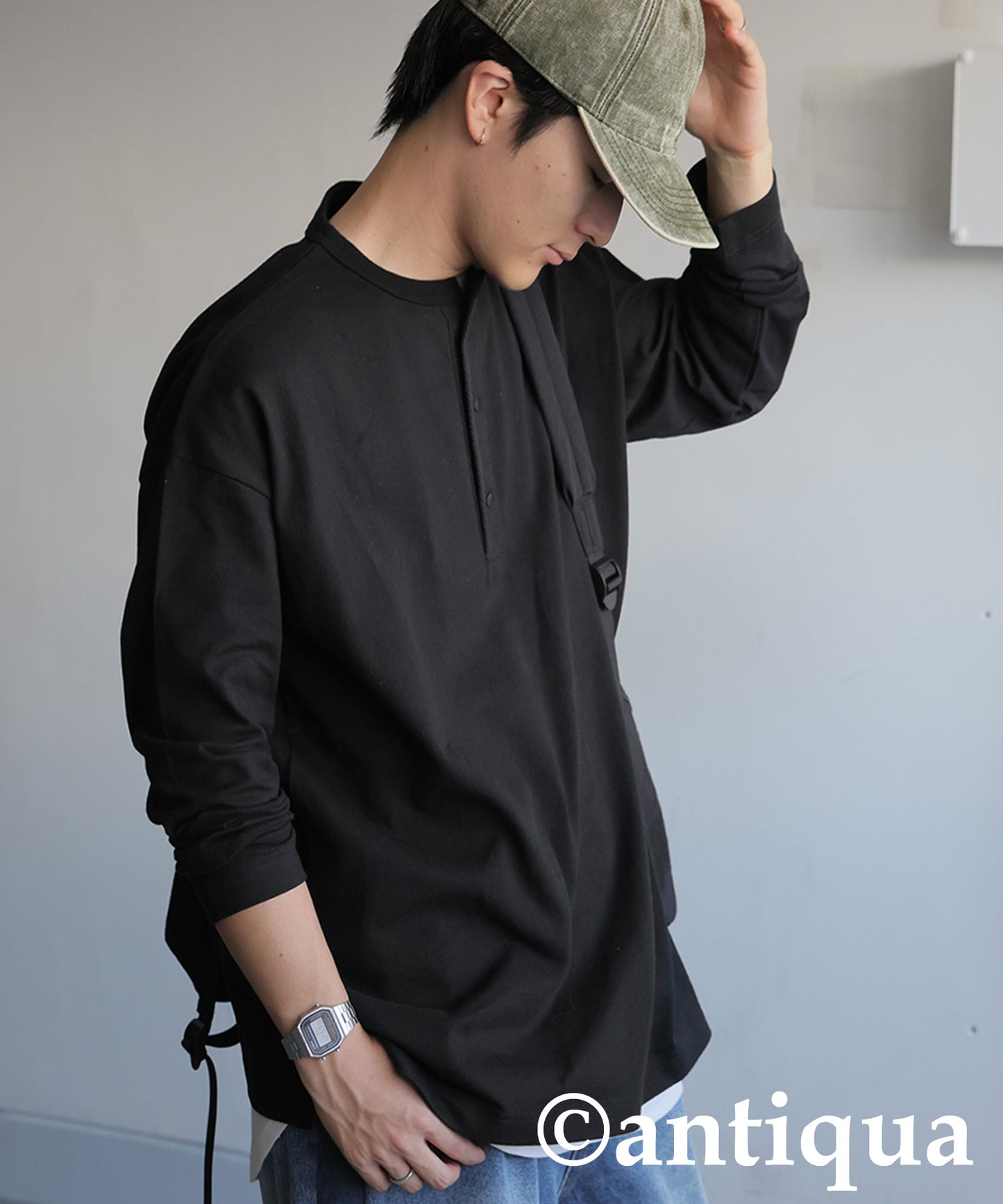 Henley Neck Basque Long T-Shirt Men's