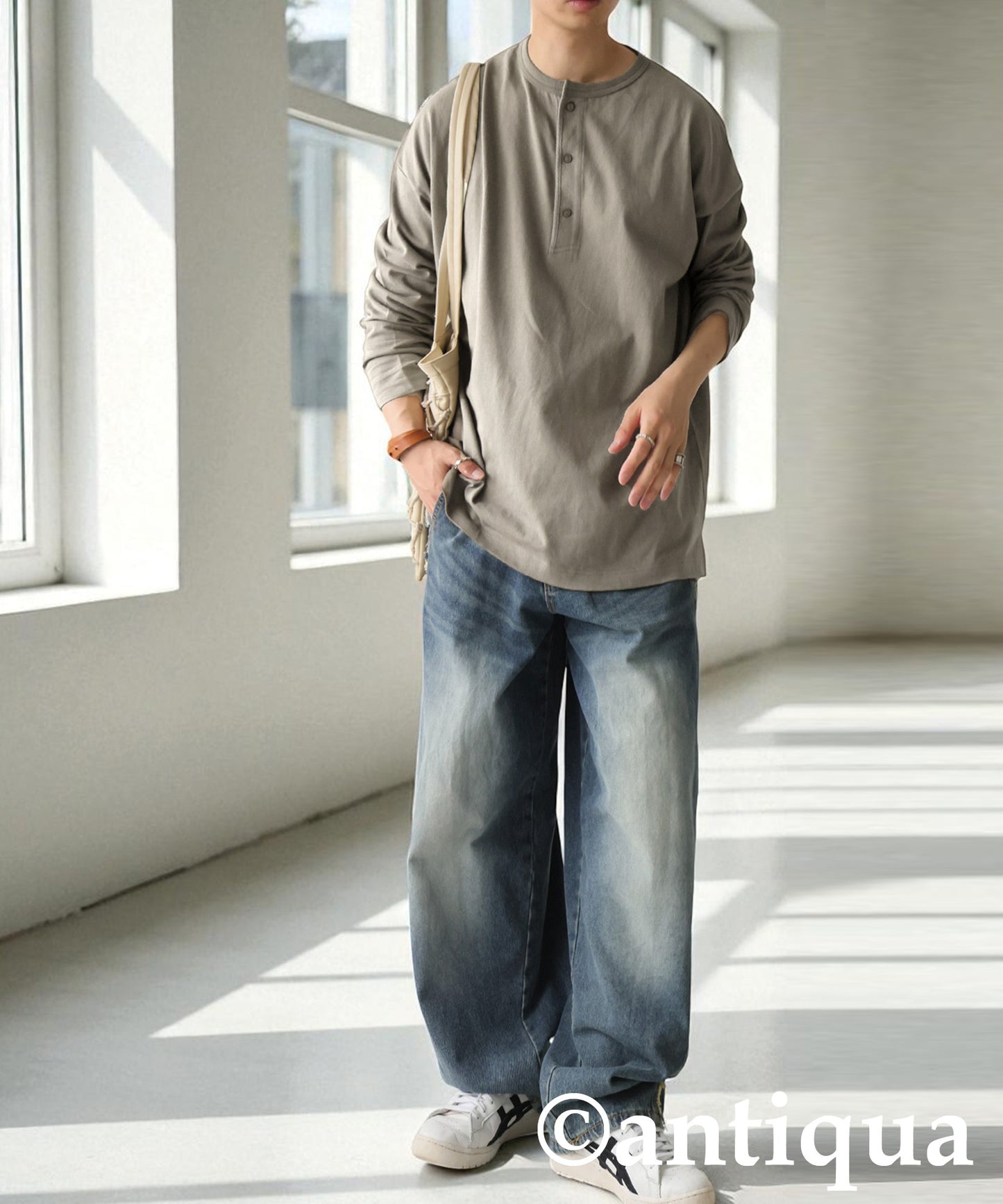 Henley Neck Basque Long T-Shirt Men's