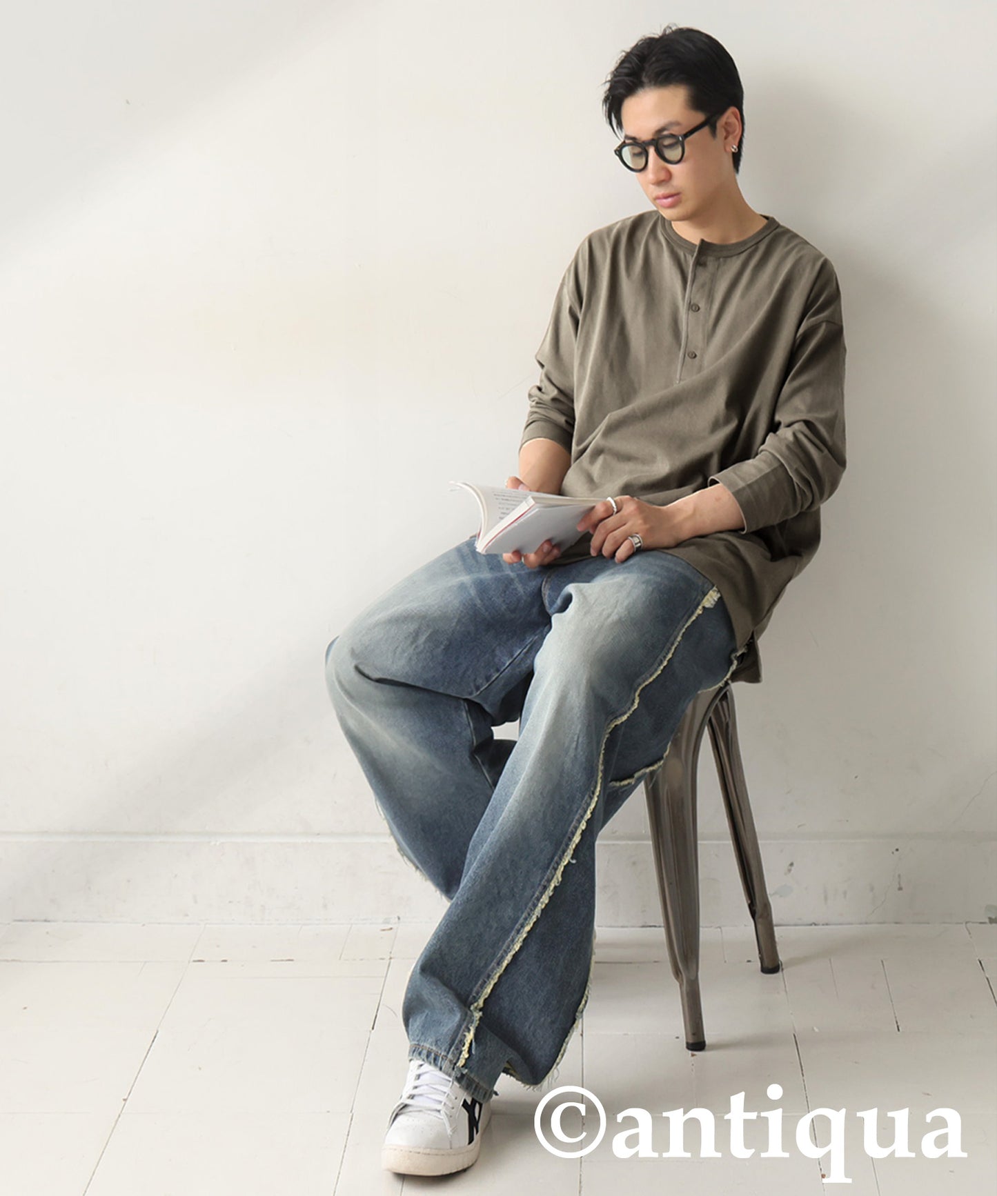 Henley Neck Basque Long T-Shirt Men's