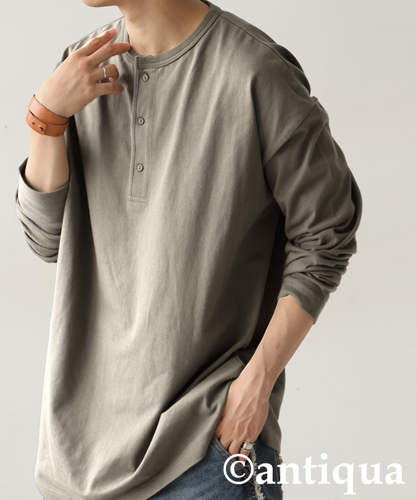 Henley Neck Basque Long T-Shirt Men's