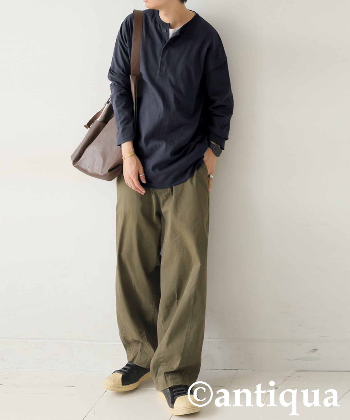 Henley Neck Basque Long T-Shirt Men's