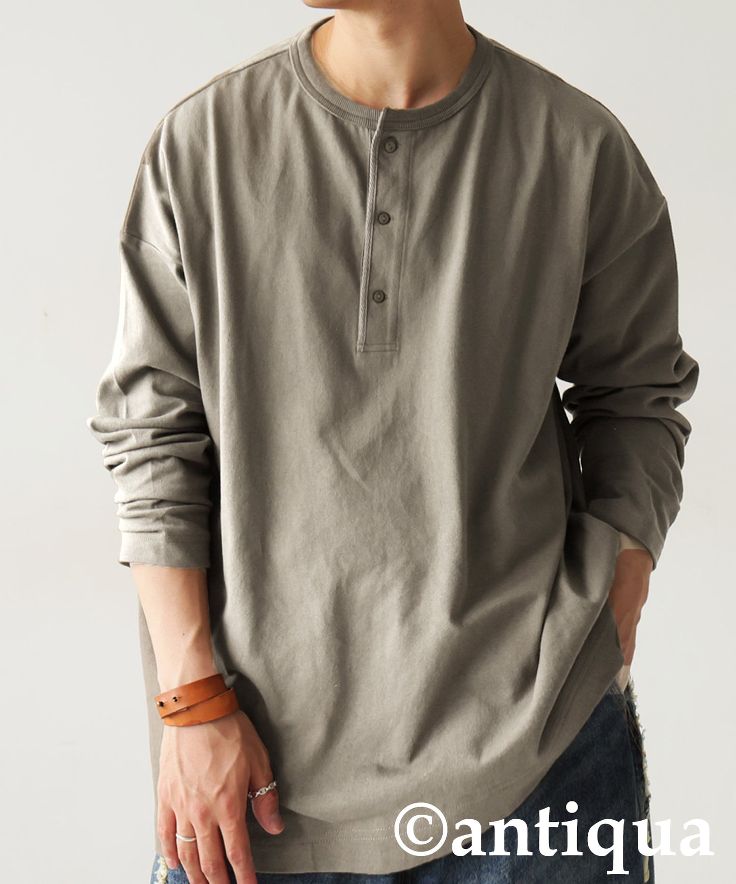 Henley Neck Basque Long T-Shirt Men's