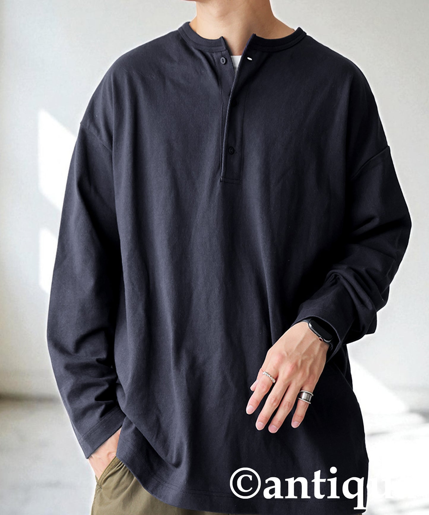 Henley Neck Basque Long T-Shirt Men's