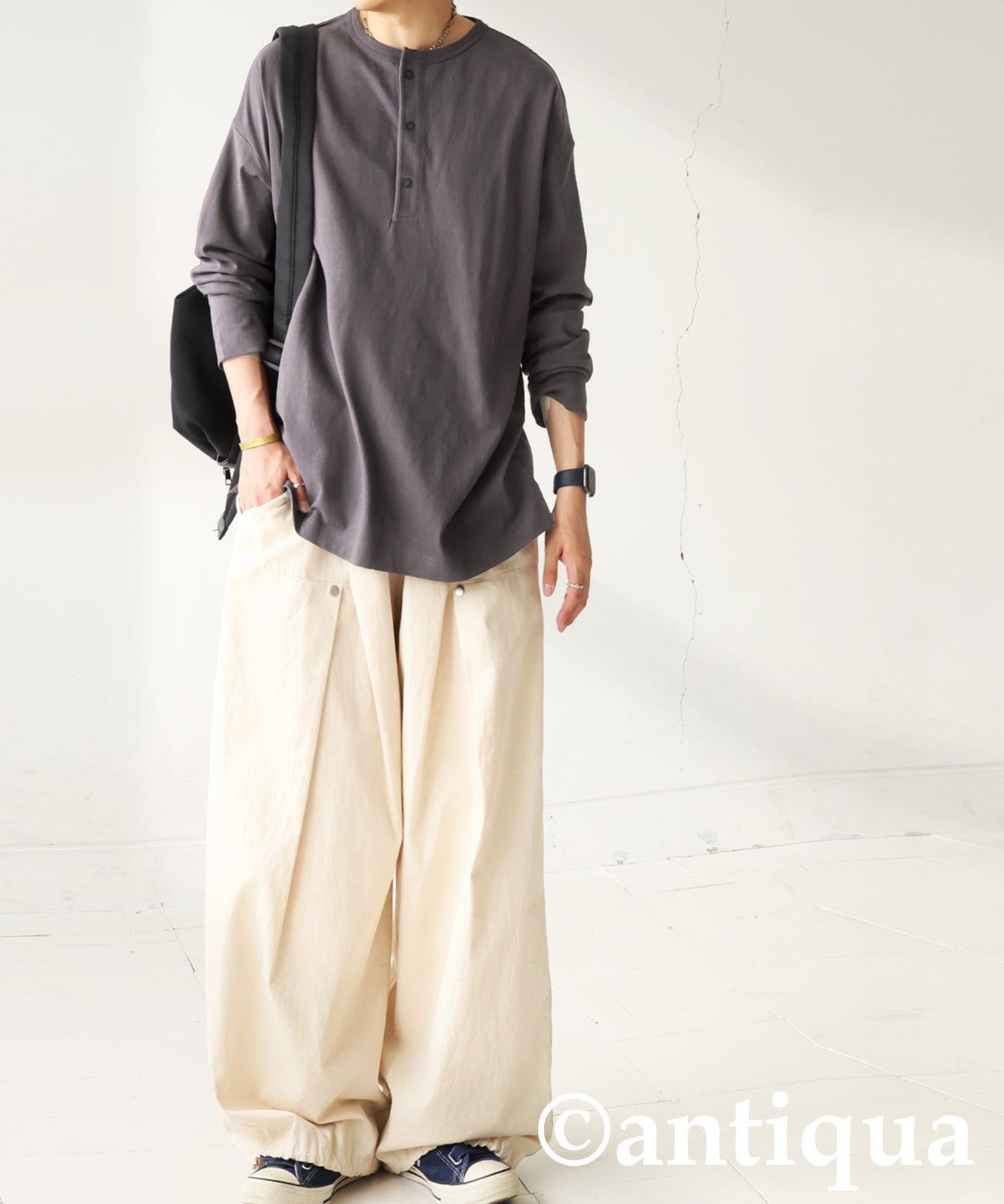 Henley Neck Basque Long T-Shirt Men's